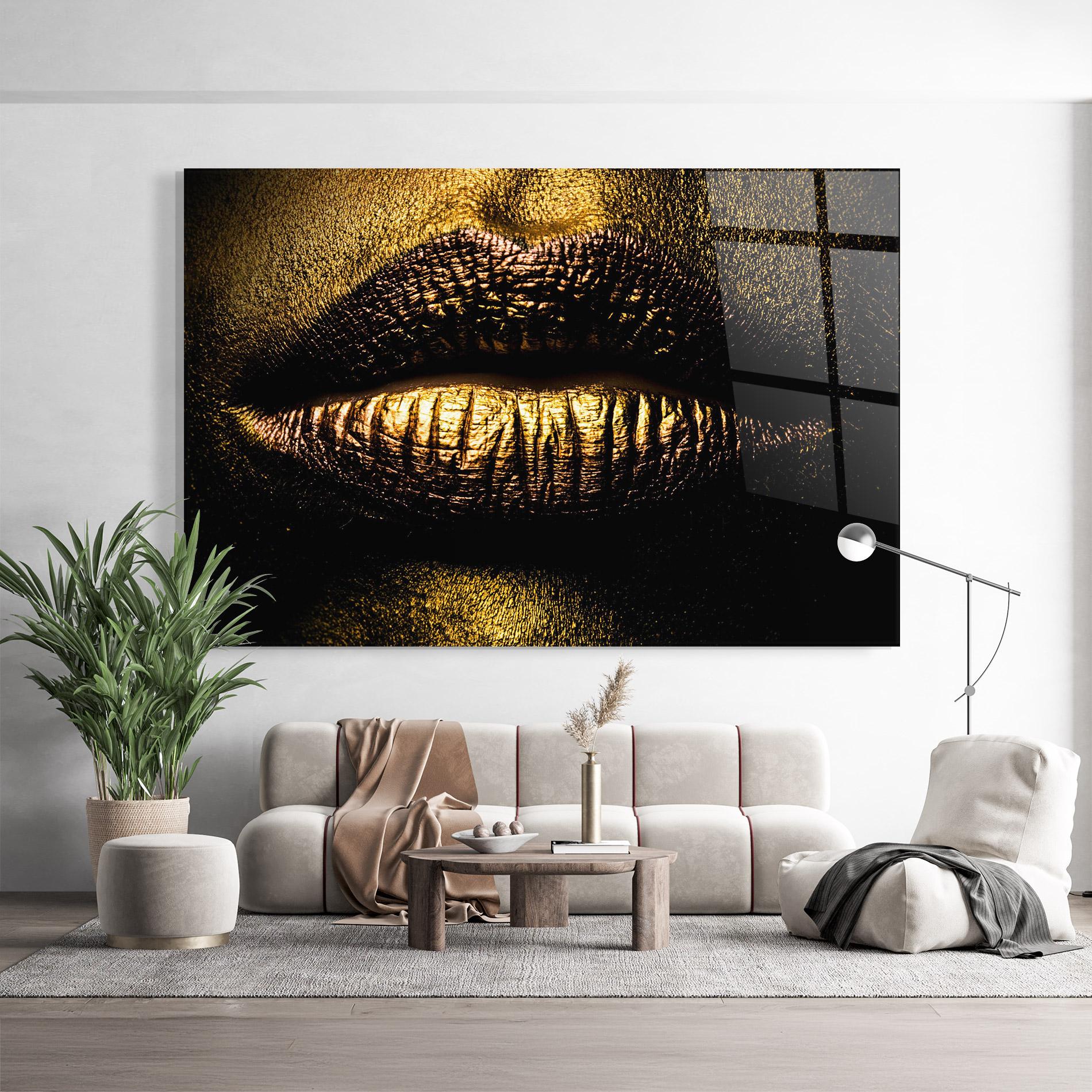 Tablou Sticla Gold Metal Lips mockup 9