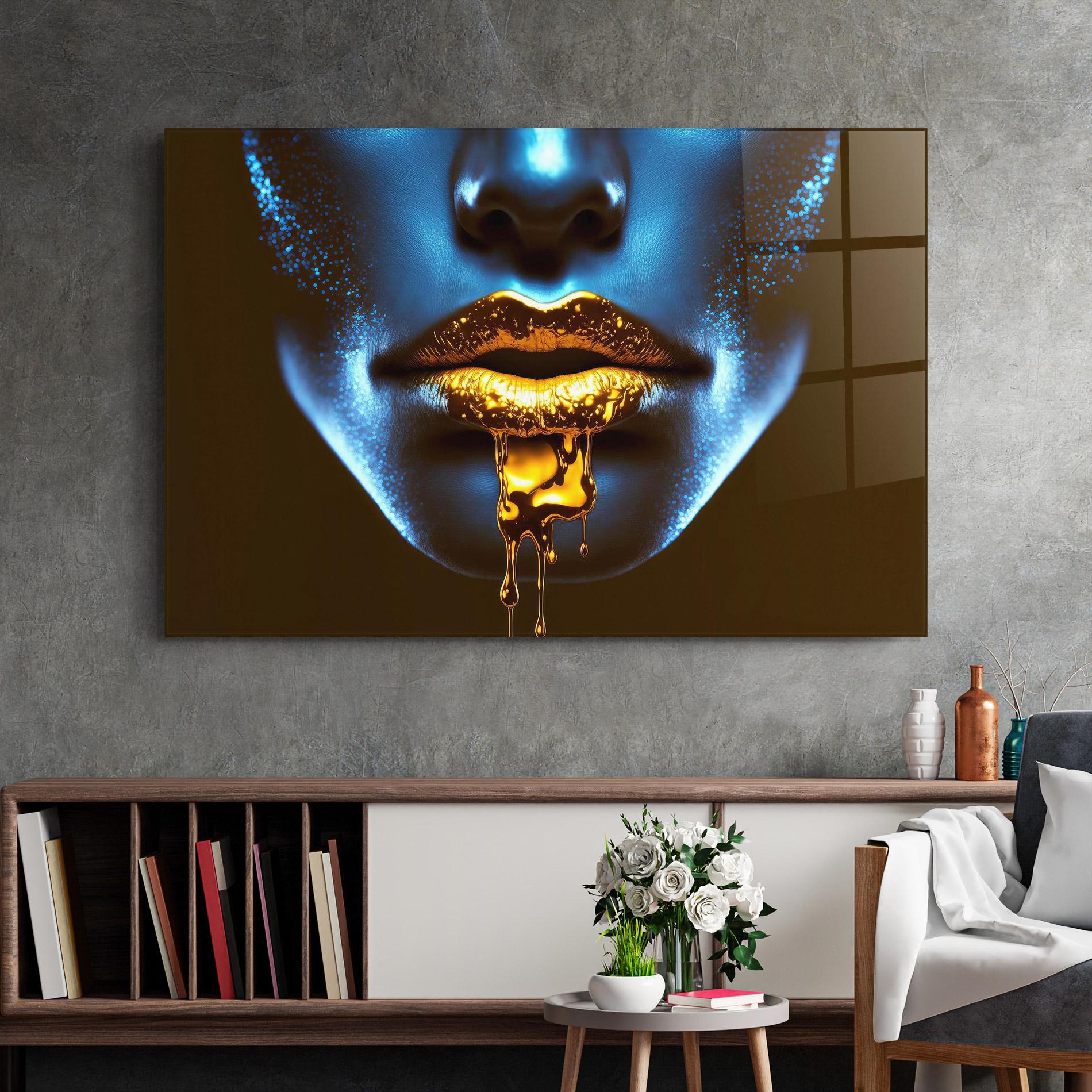 Tablou Sticla Blue Gold Lips mockup 2