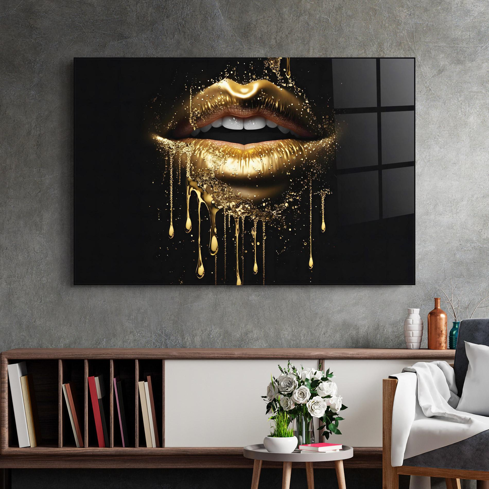 Tablou Sticla Golden Luxury Lips mockup 2