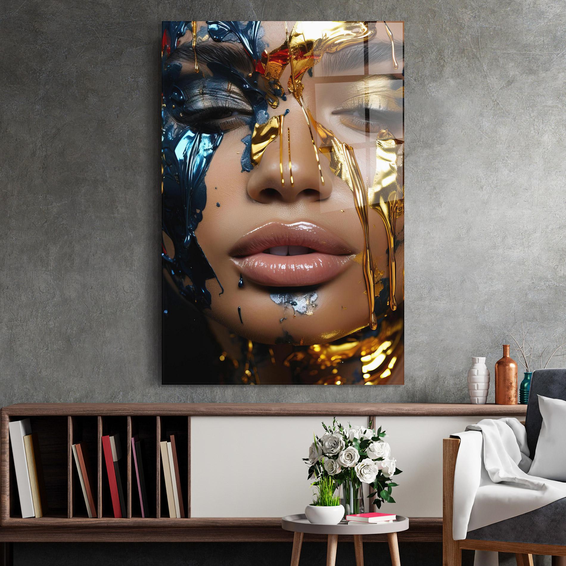 Tablou Sticla Blue Gold Paint Face mockup 2
