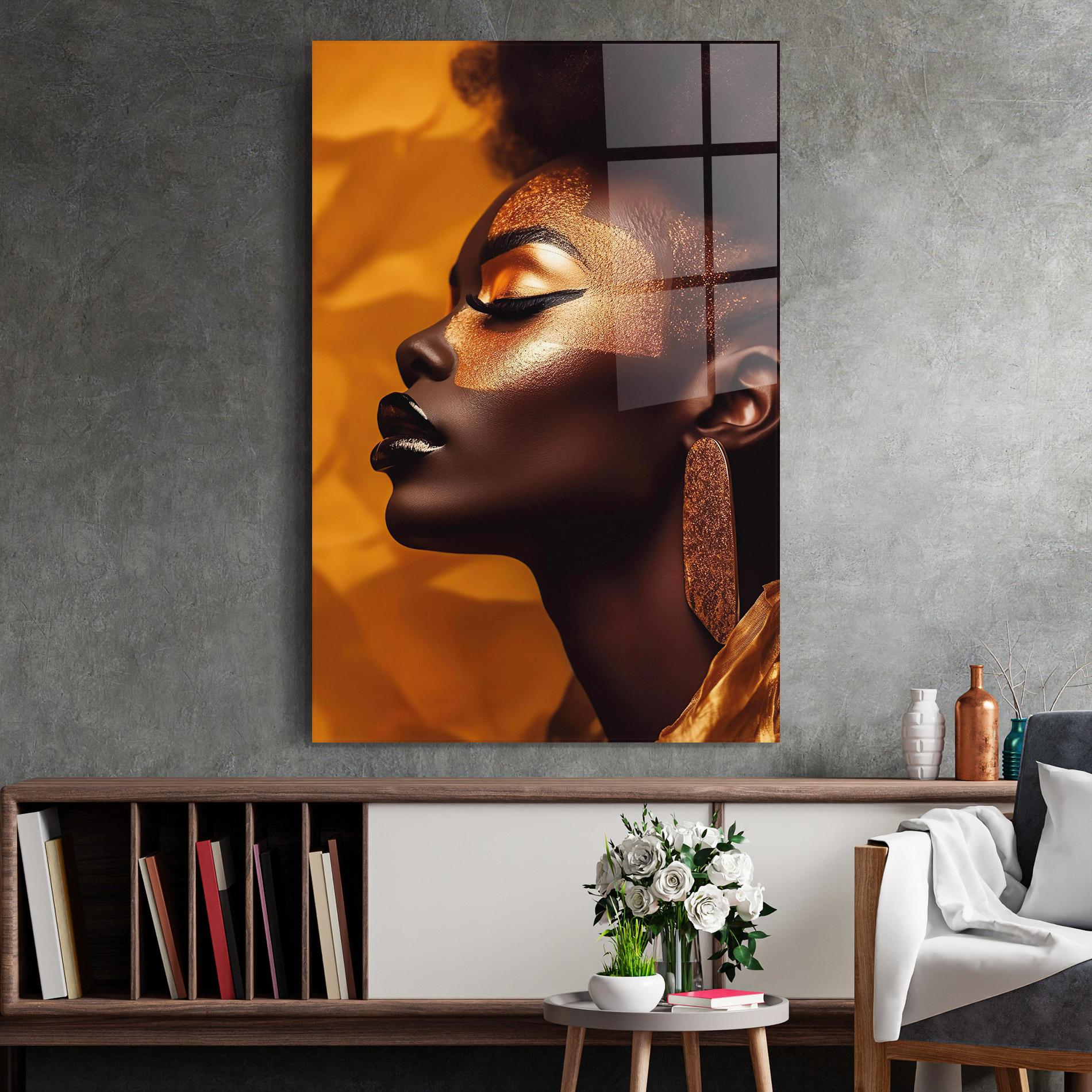 Tablou Sticla Fashion Gold Portrait mockup 2