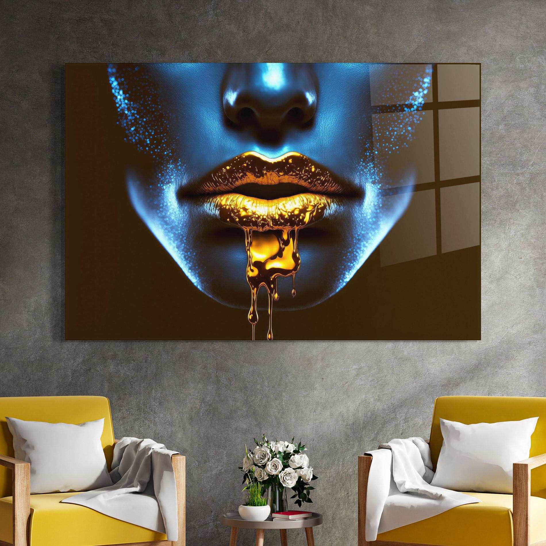 Tablou Sticla Blue Gold Lips mockup 4