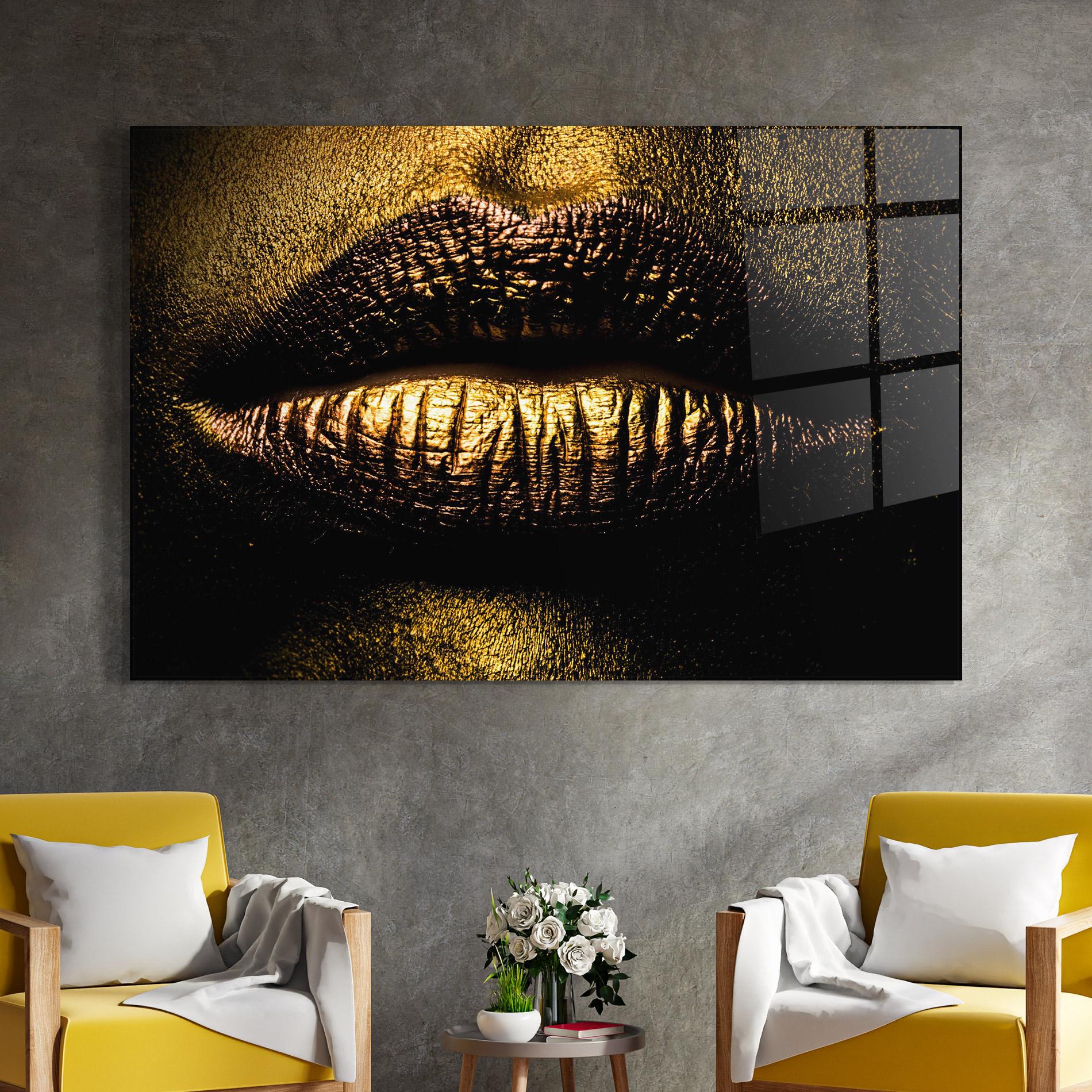 Tablou Sticla Gold Metal Lips mockup 4
