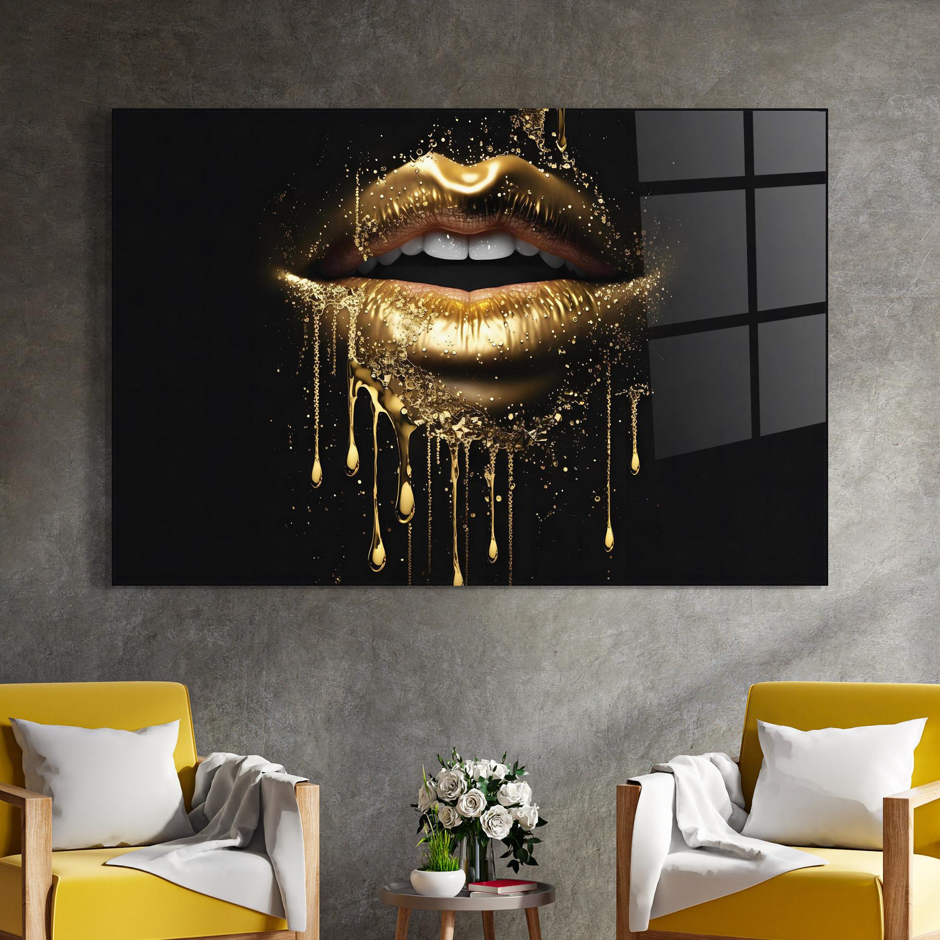 Tablou Sticla Golden Luxury Lips mockup 4