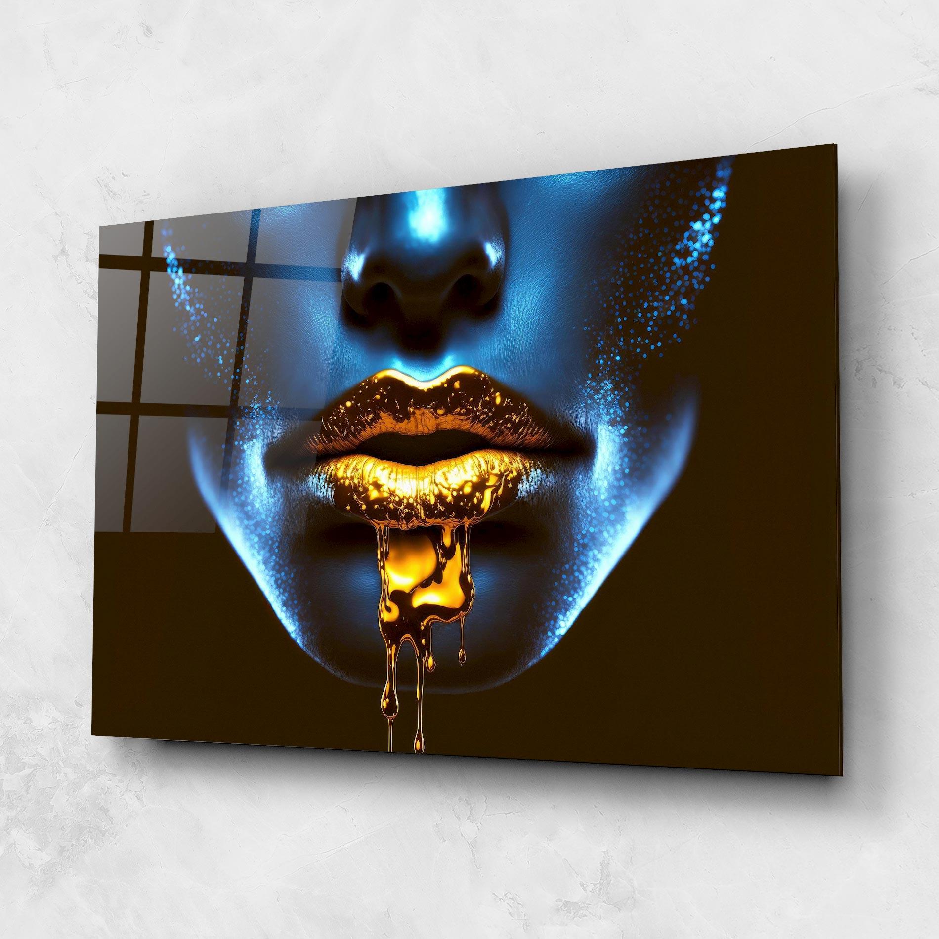 Tablou Sticla Blue Gold Lips mockup 1