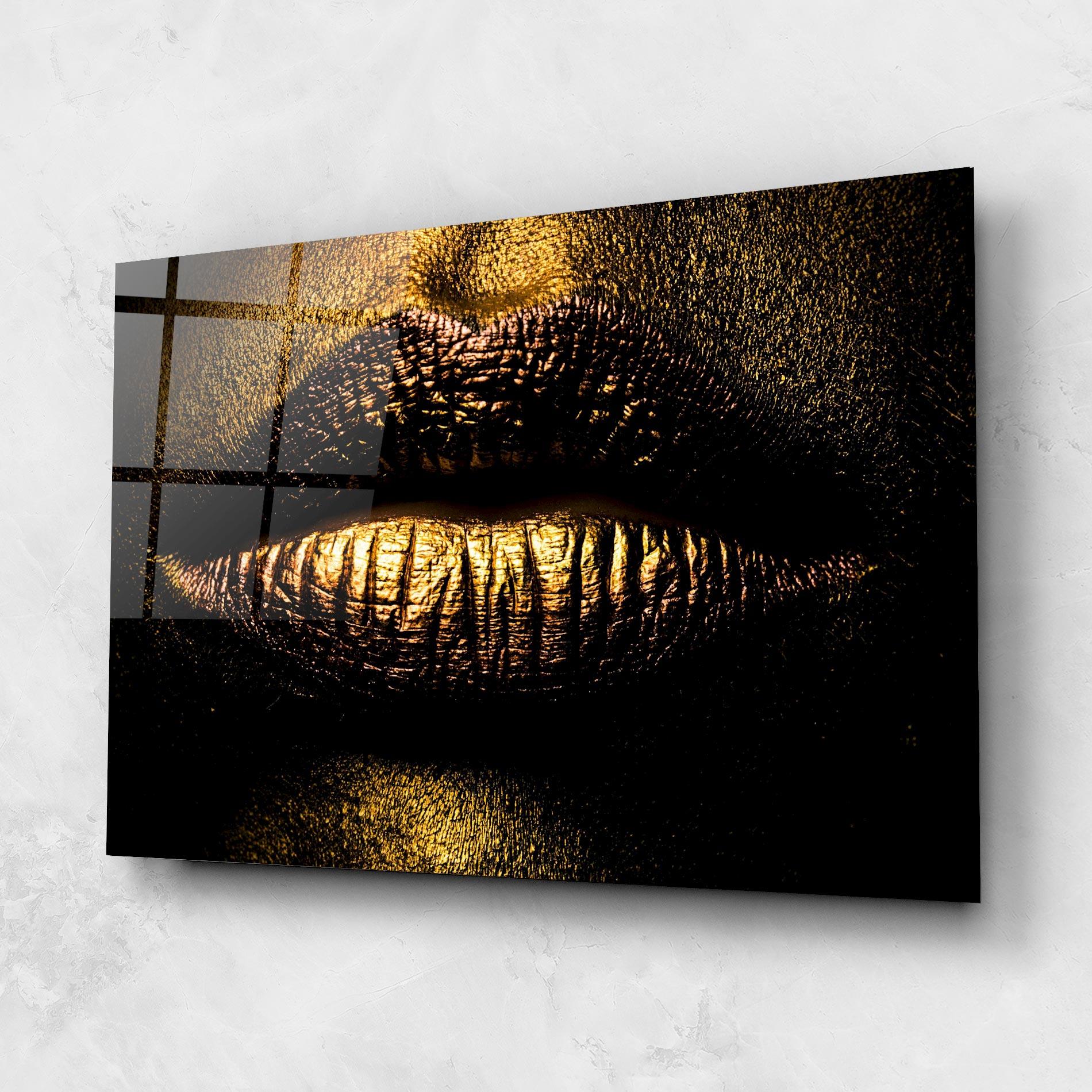 Tablou Sticla Gold Metal Lips mockup 1