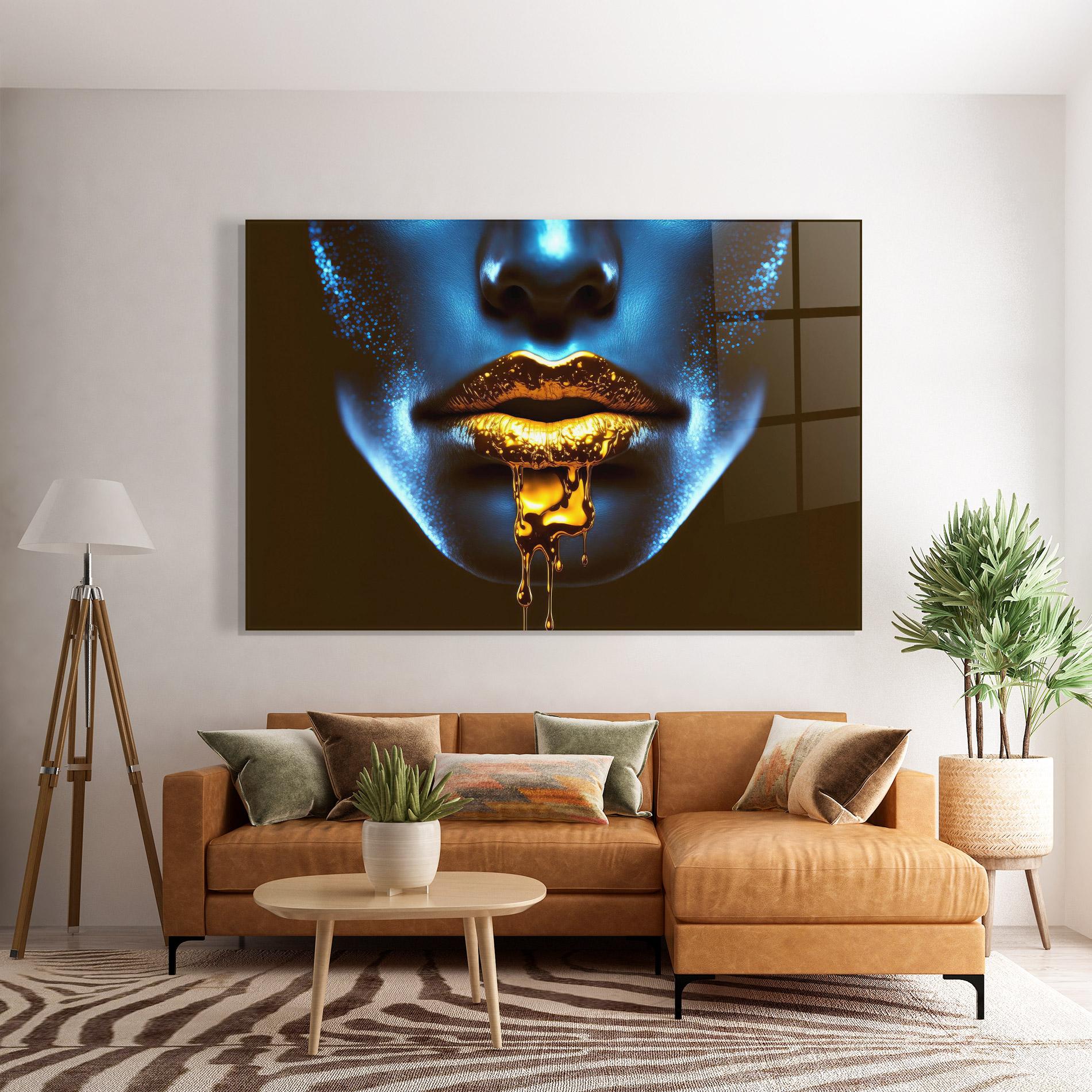 Tablou Sticla Blue Gold Lips mockup 7