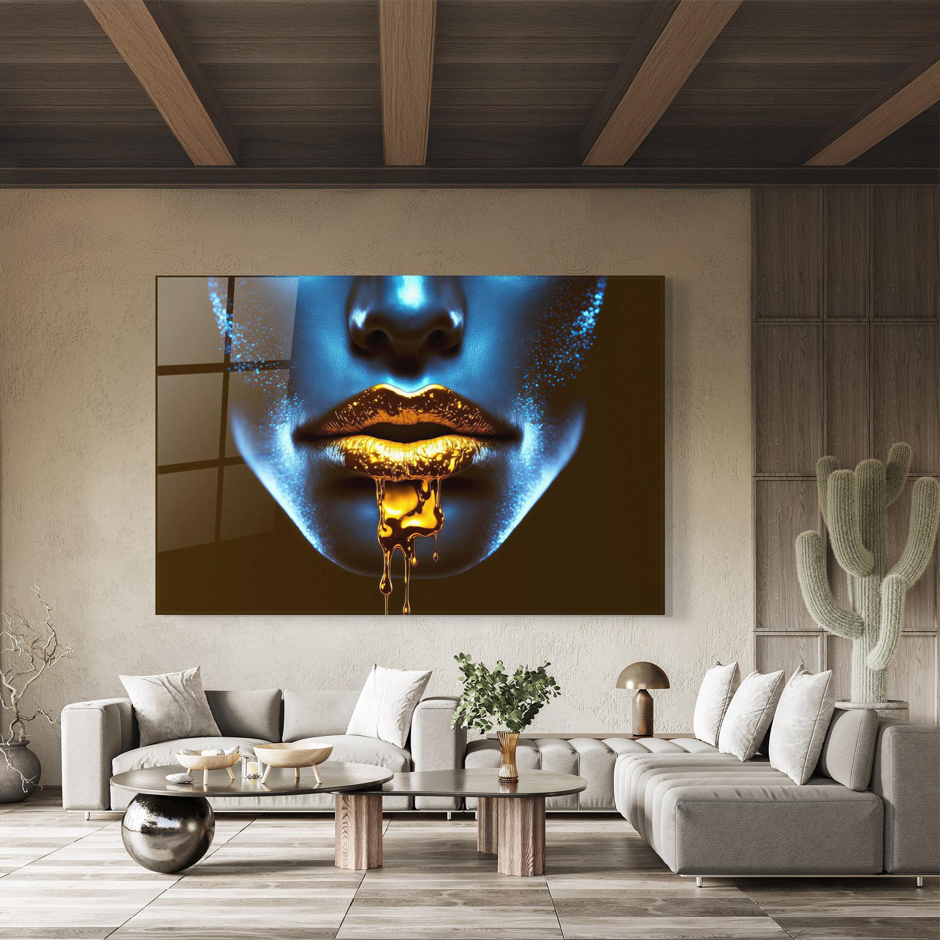 Tablou Sticla Blue Gold Lips mockup 8