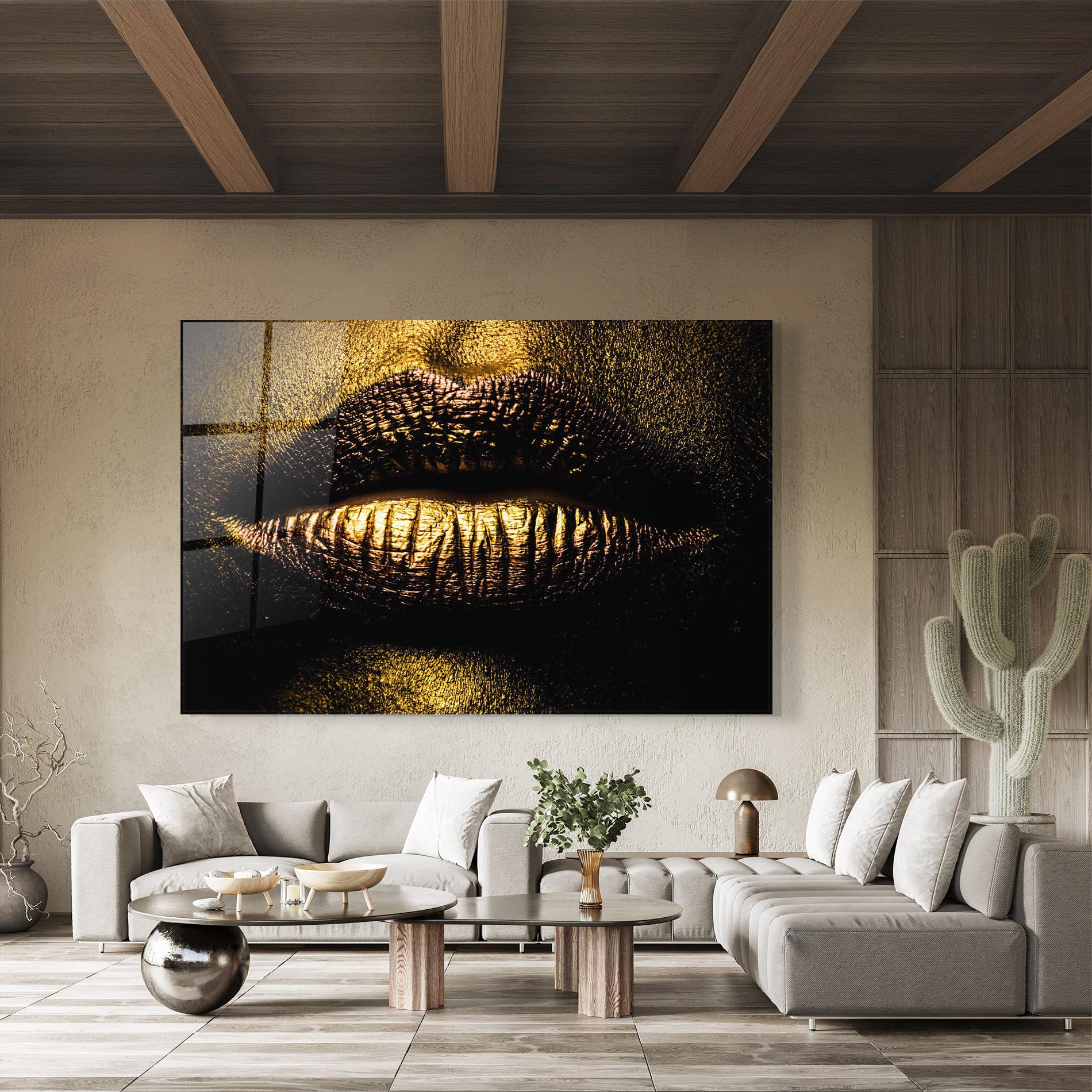Tablou Sticla Gold Metal Lips mockup 8