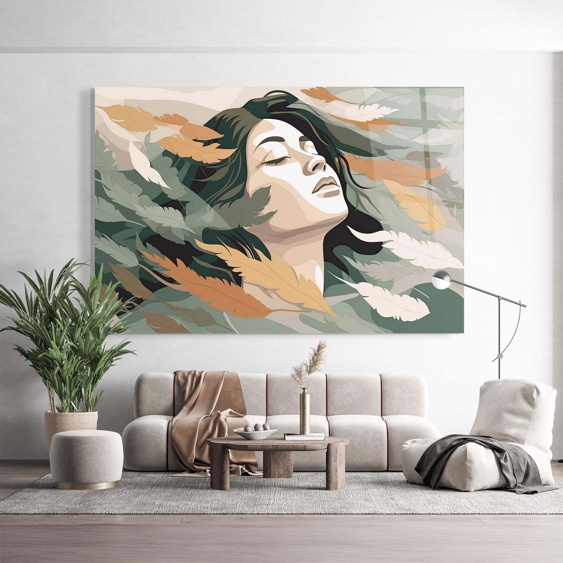 Tablou Sticla Dreamy Feather Female mockup 9
