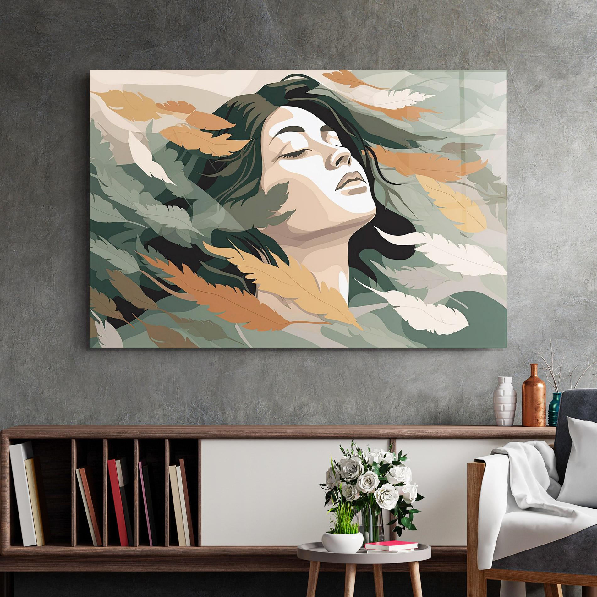 Tablou Sticla Dreamy Feather Female mockup 2