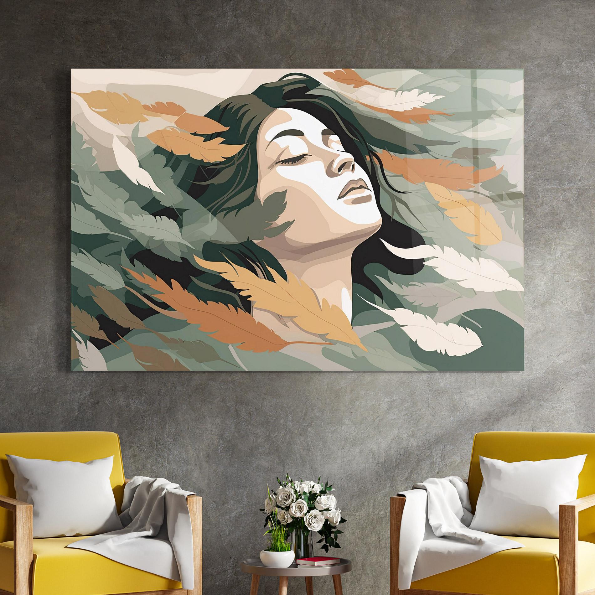 Tablou Sticla Dreamy Feather Female mockup 4