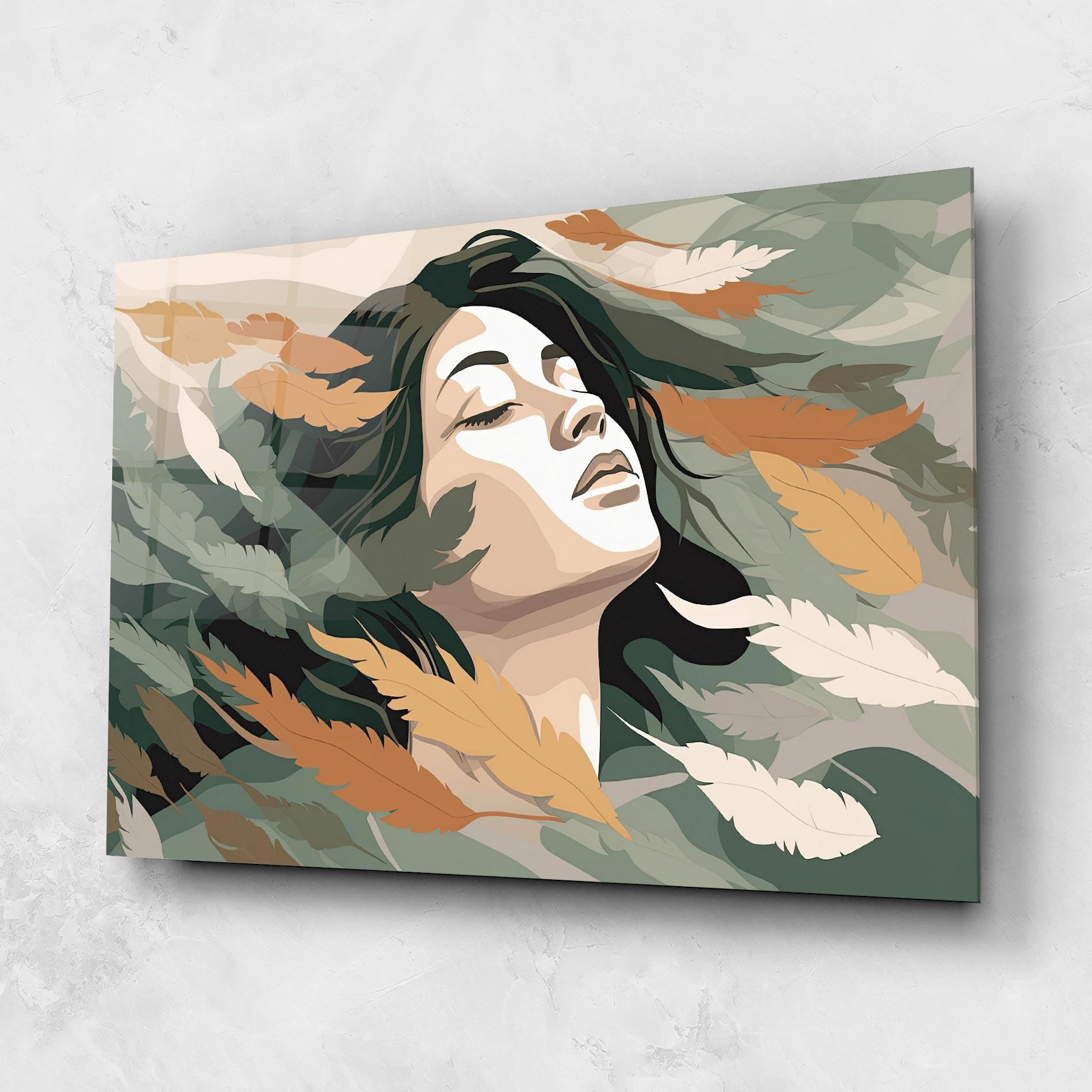 Tablou Sticla Dreamy Feather Female mockup 1