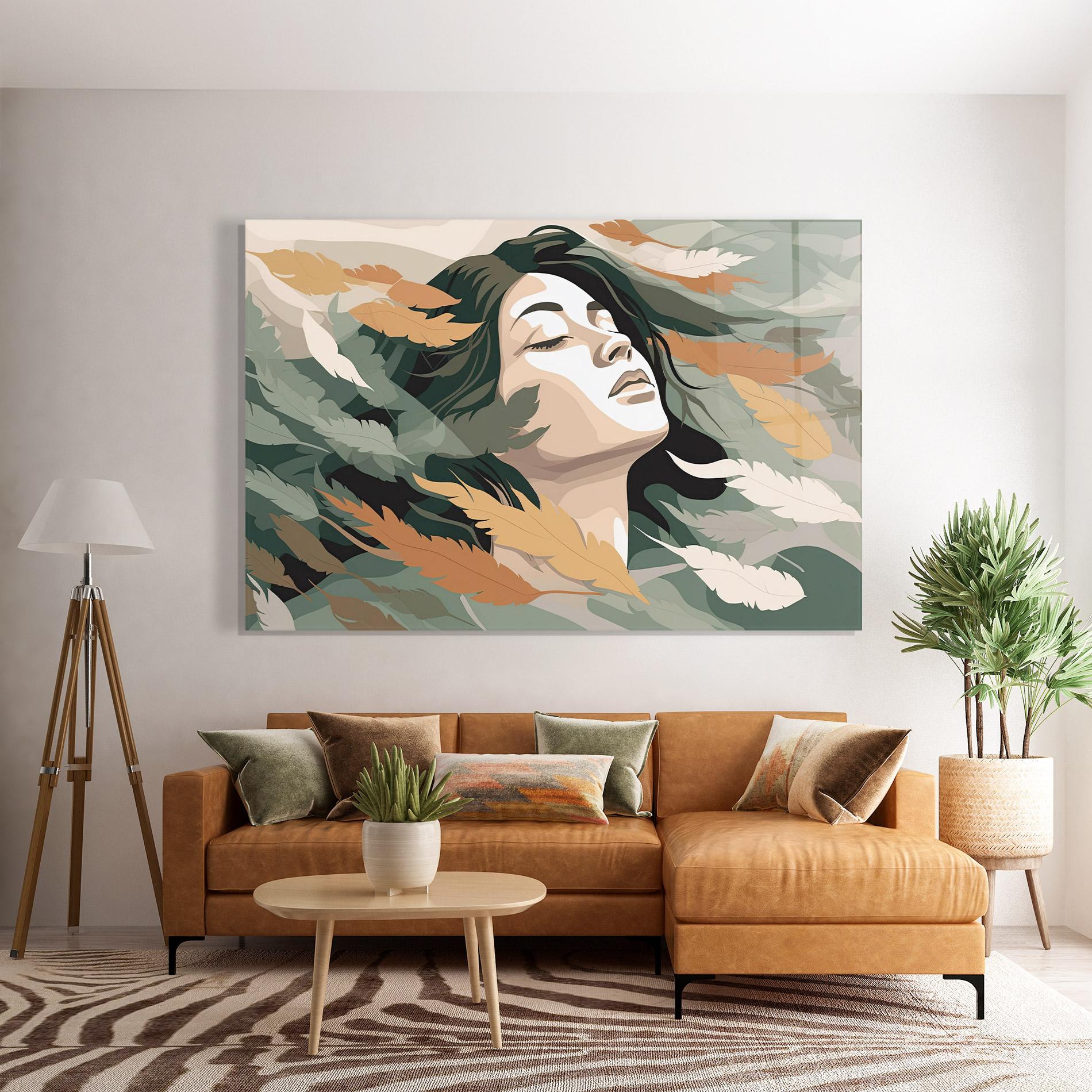 Tablou Sticla Dreamy Feather Female mockup 7