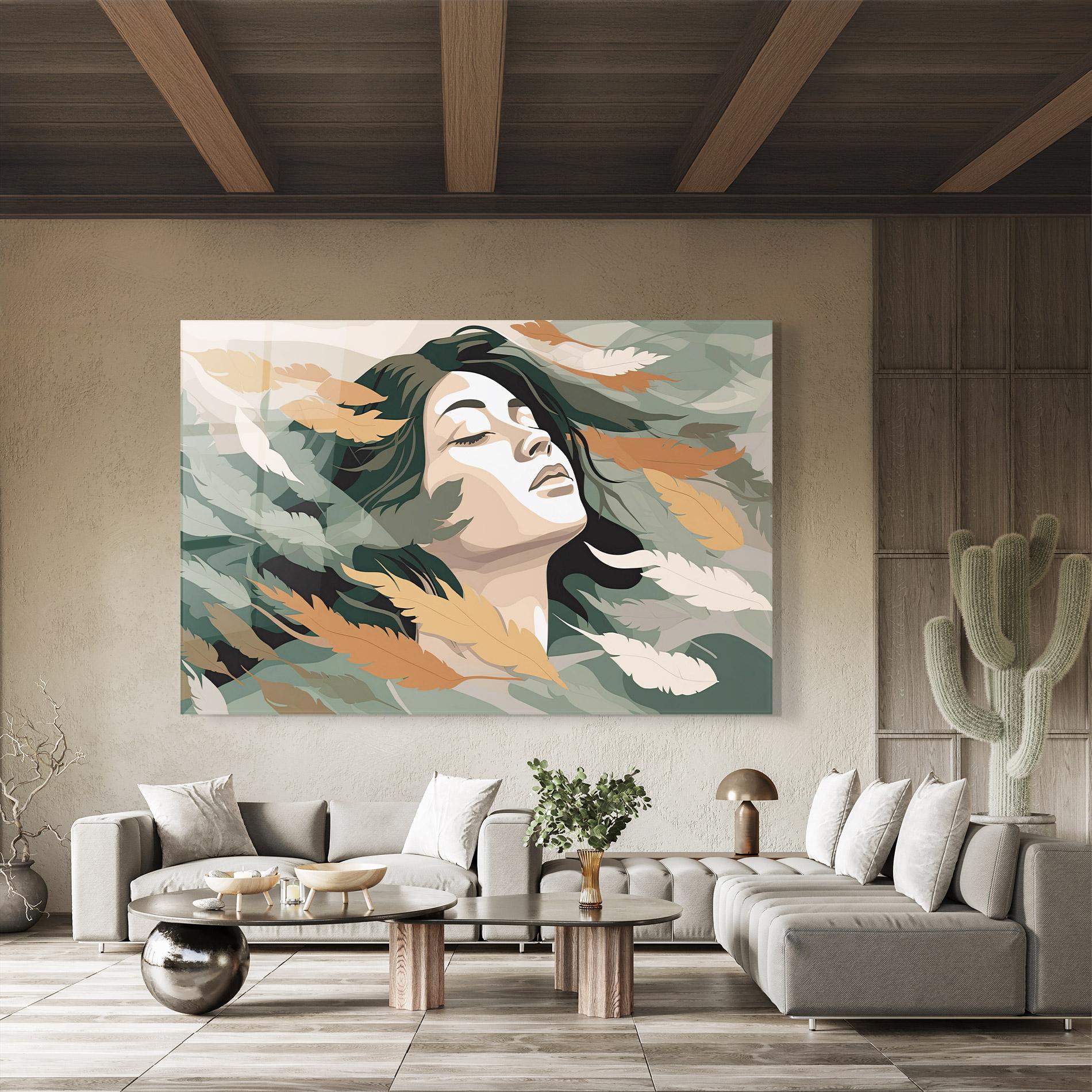 Tablou Sticla Dreamy Feather Female mockup 8