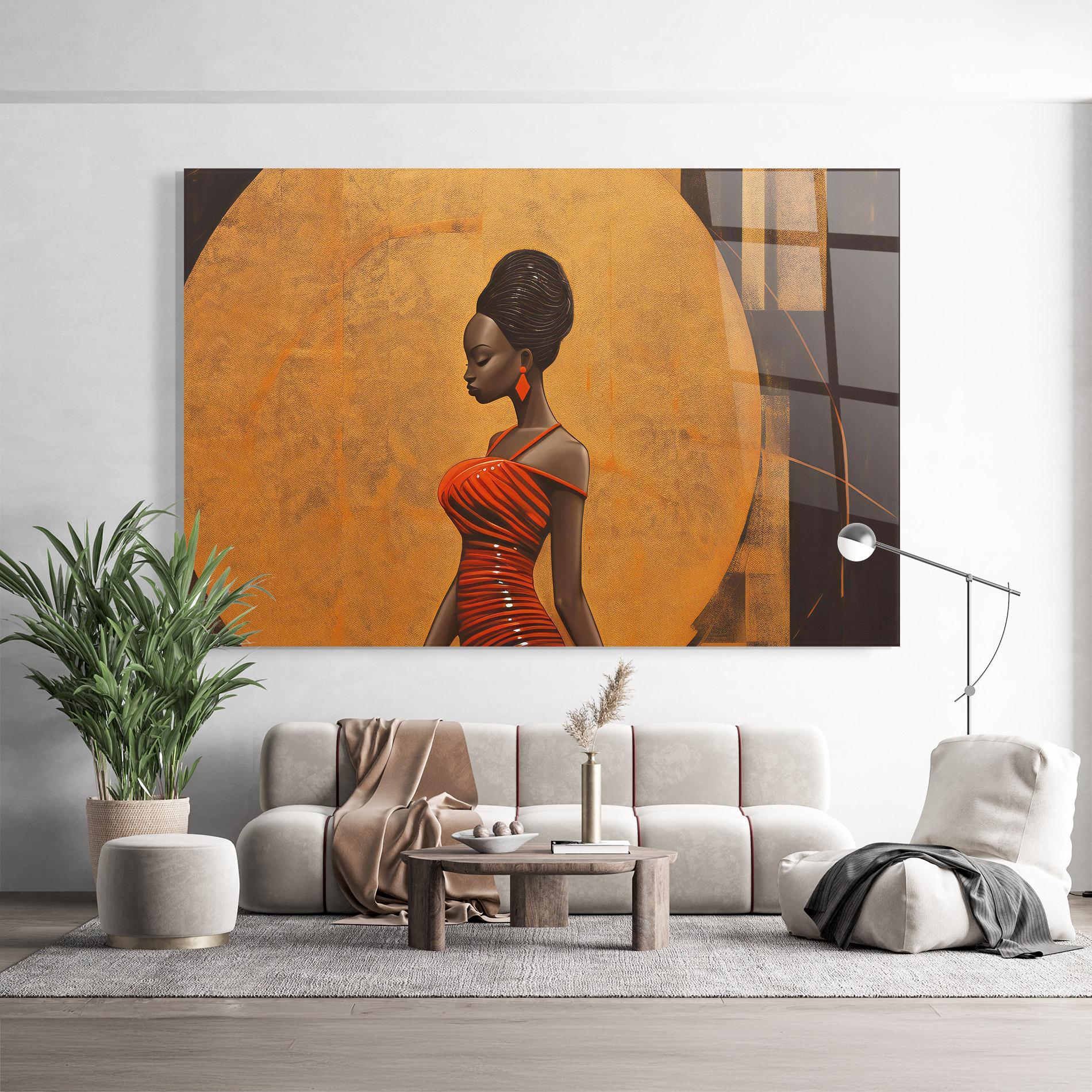 Tablou Sticla Beautiful African Red Dress mockup 9