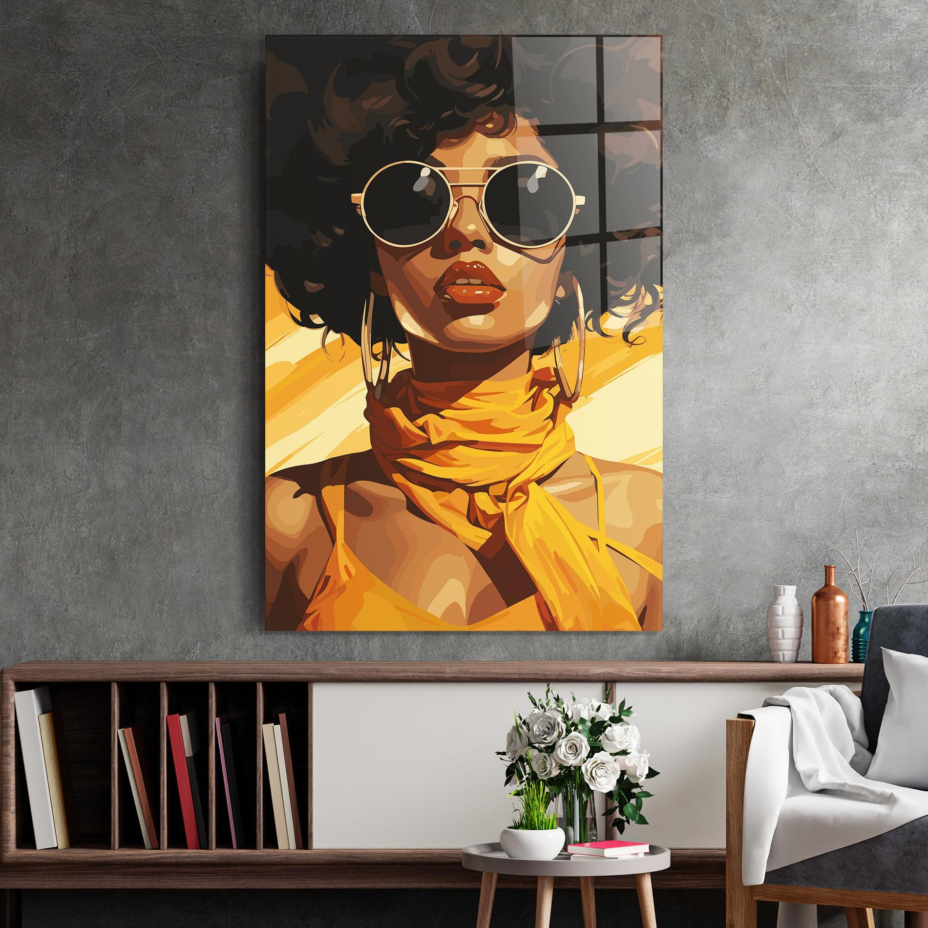 Tablou Sticla African Yellow Woman mockup 2