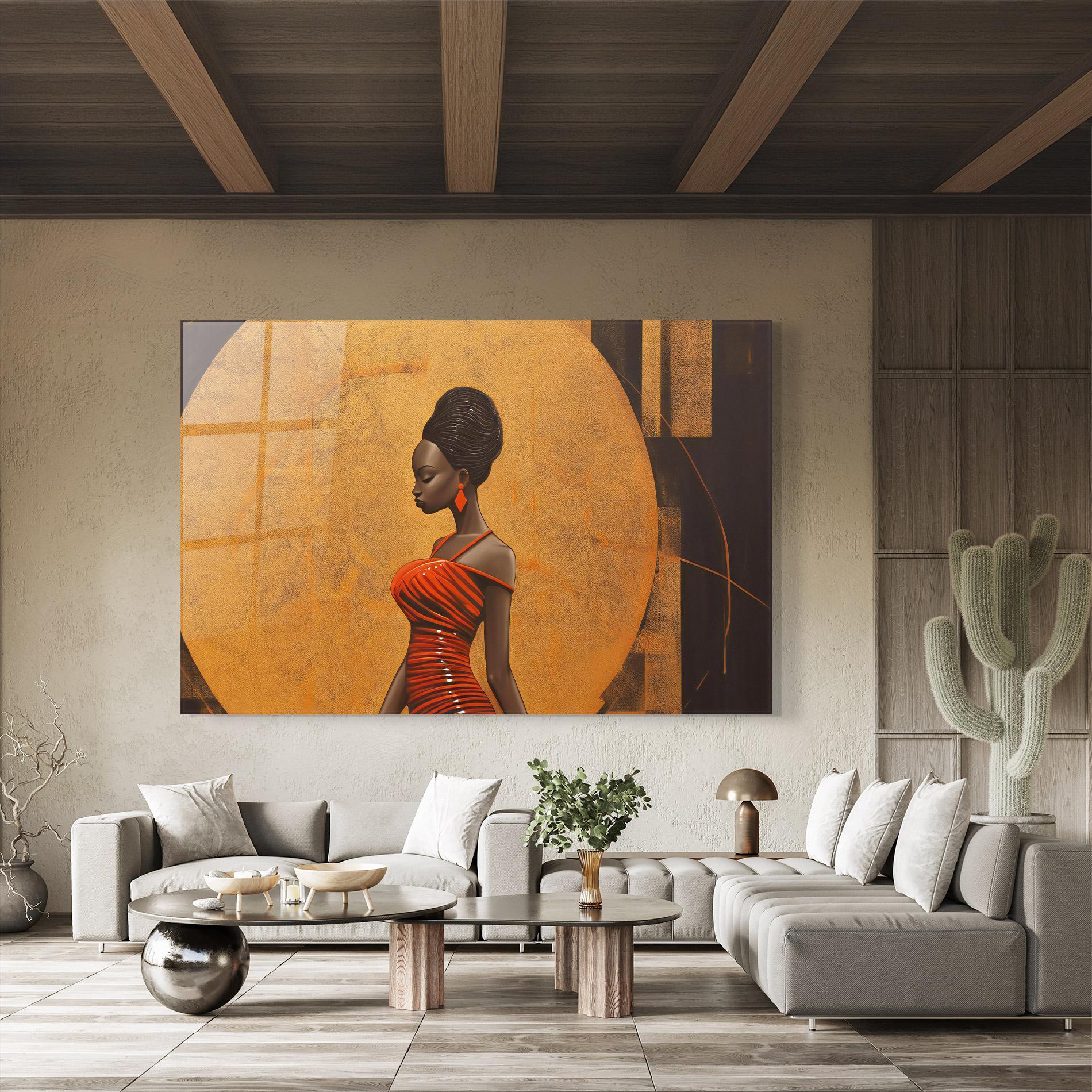 Tablou Sticla Beautiful African Red Dress mockup 8