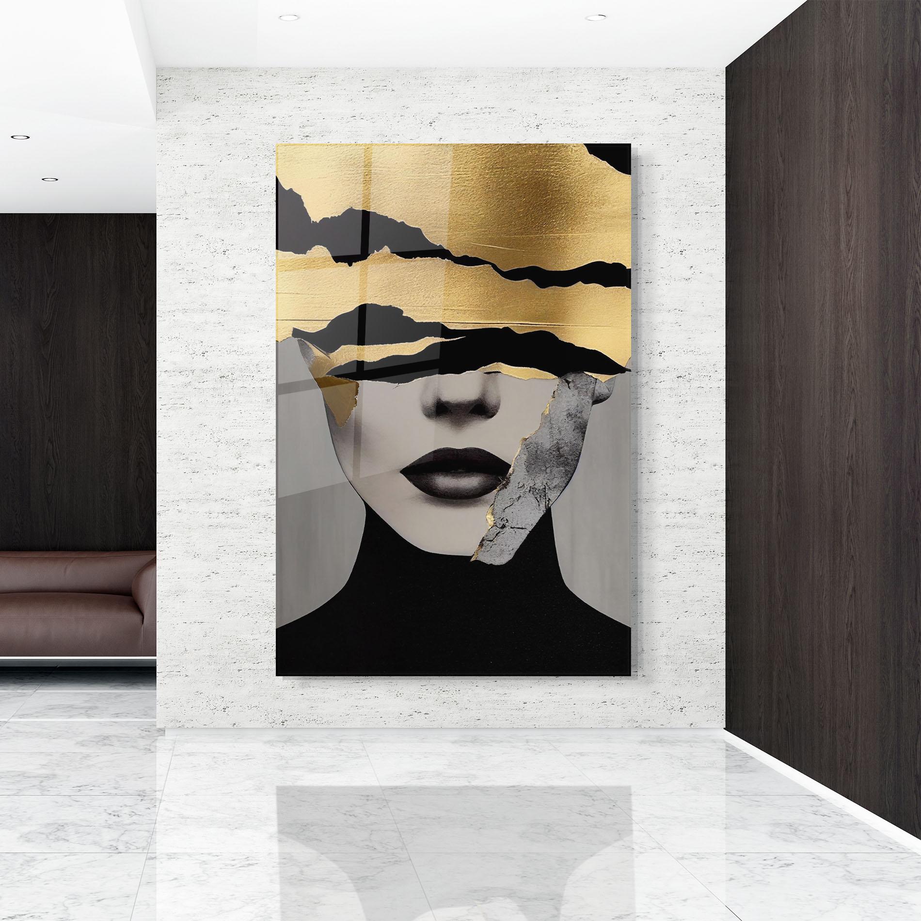 Tablou Sticla Grey Gold Lips mockup 9