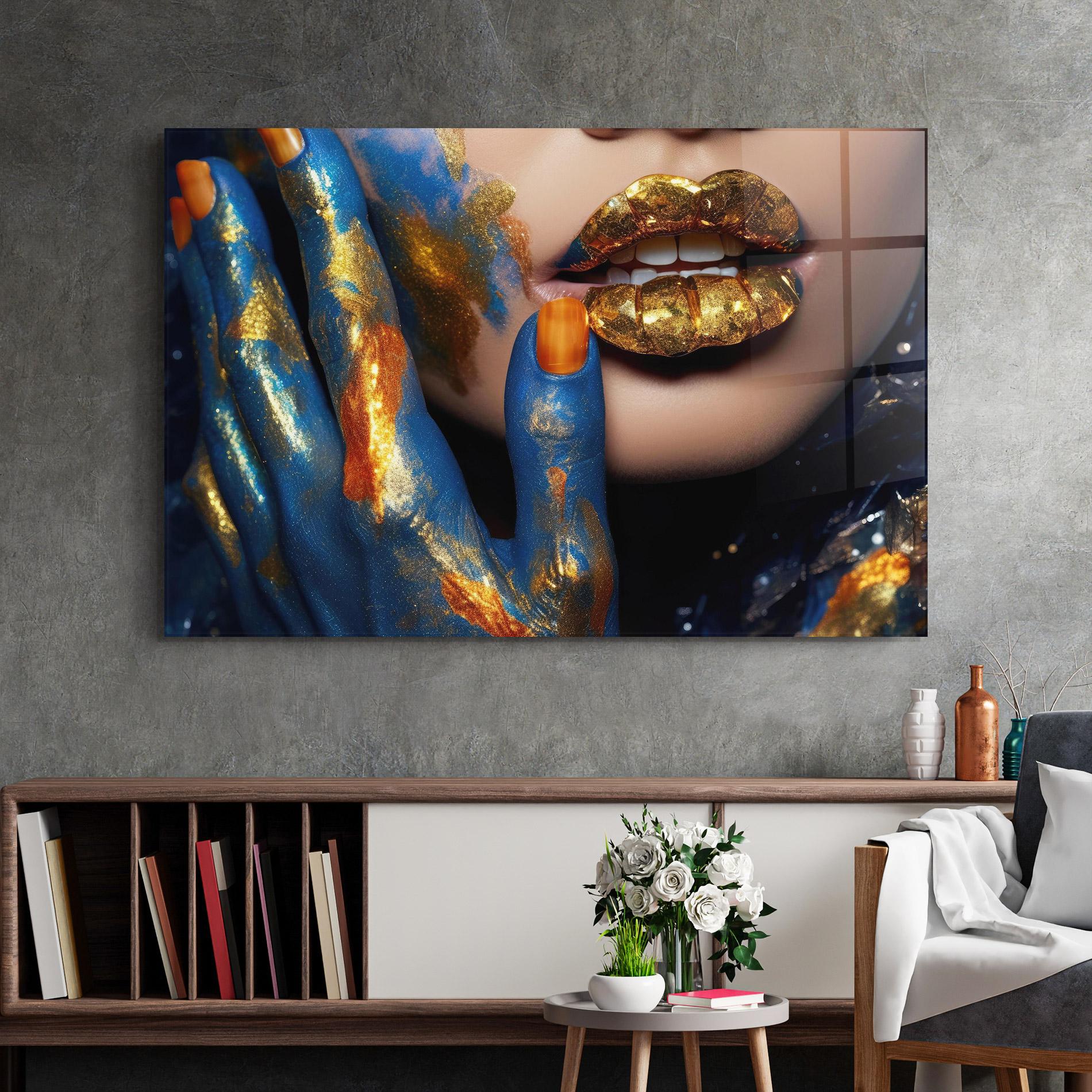 Tablou Sticla Blue Hand Lips mockup 2
