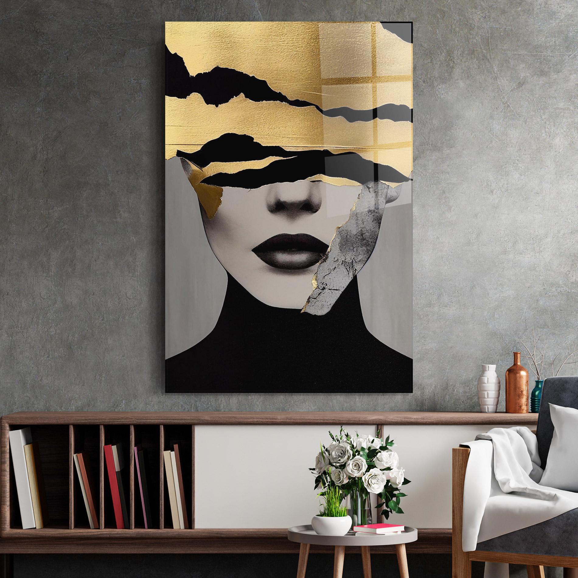 Tablou Sticla Grey Gold Lips mockup 2