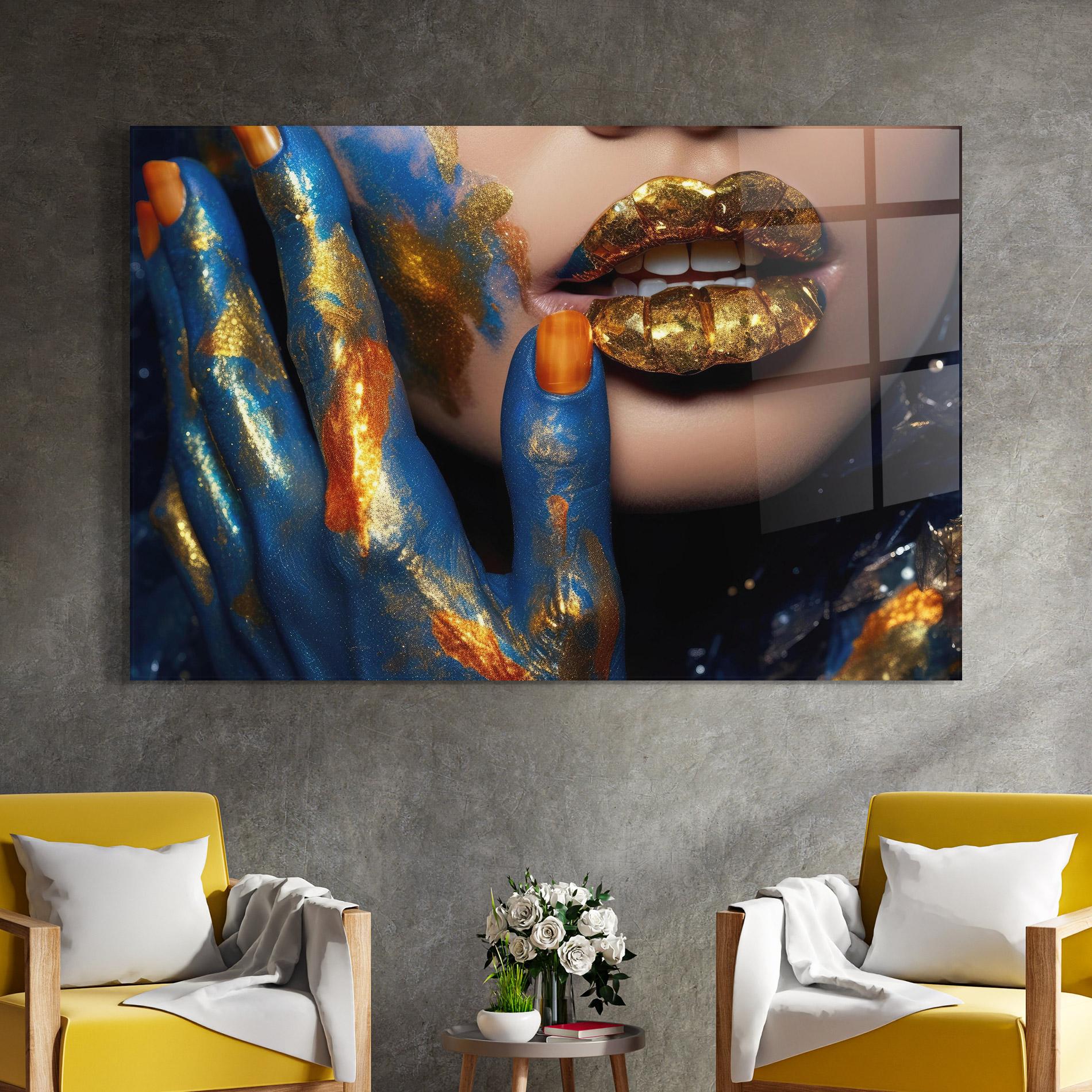 Tablou Sticla Blue Hand Lips mockup 4