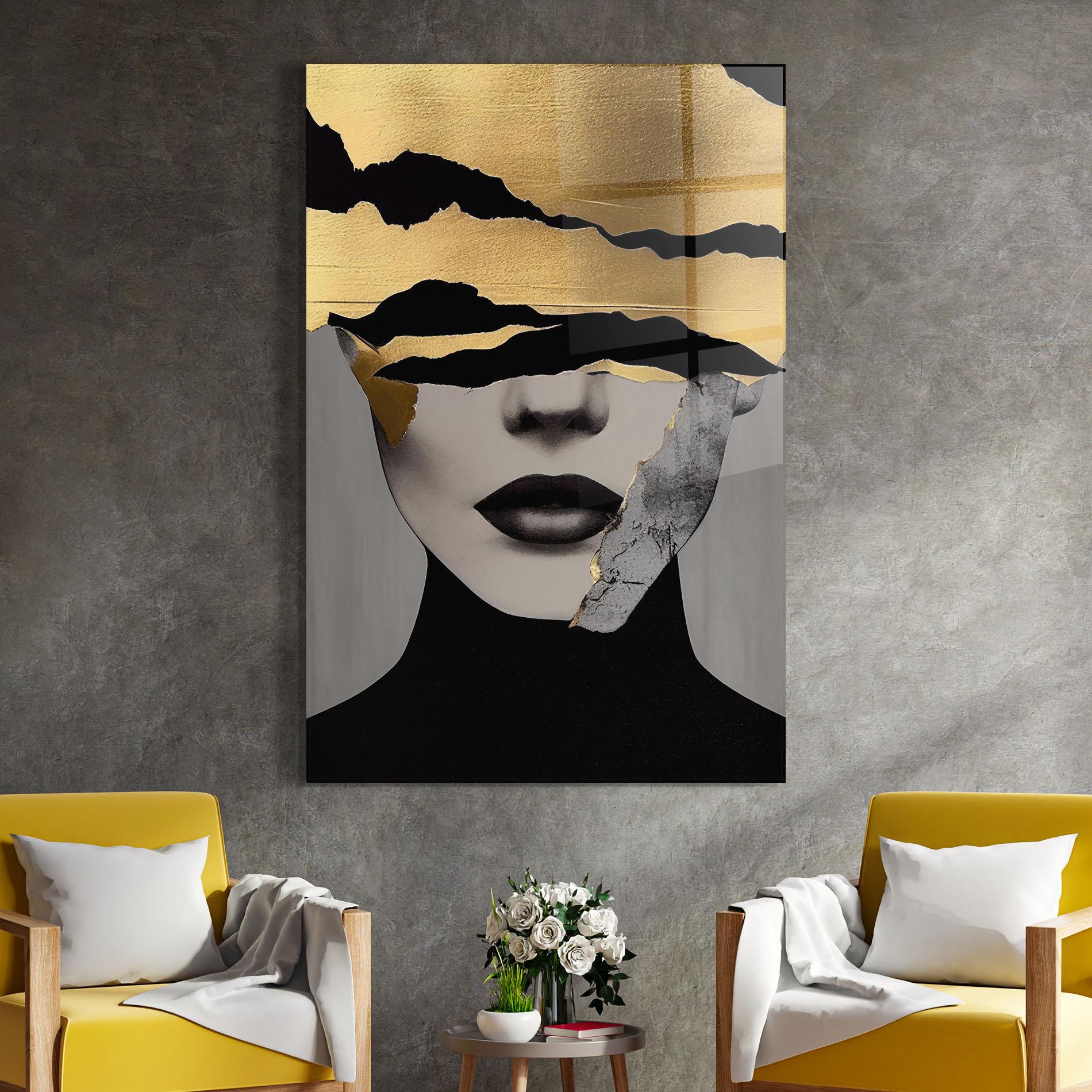 Tablou Sticla Grey Gold Lips mockup 4