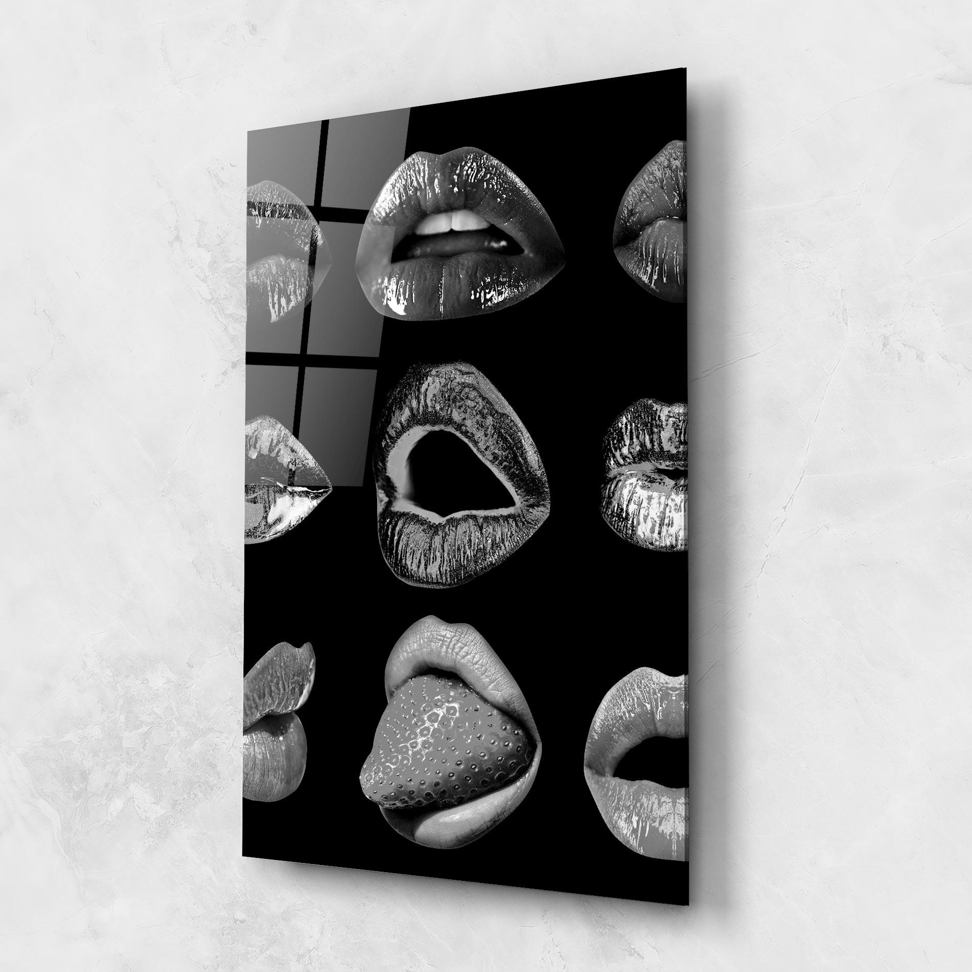Tablou Sticla Grey Lips Collage mockup 1