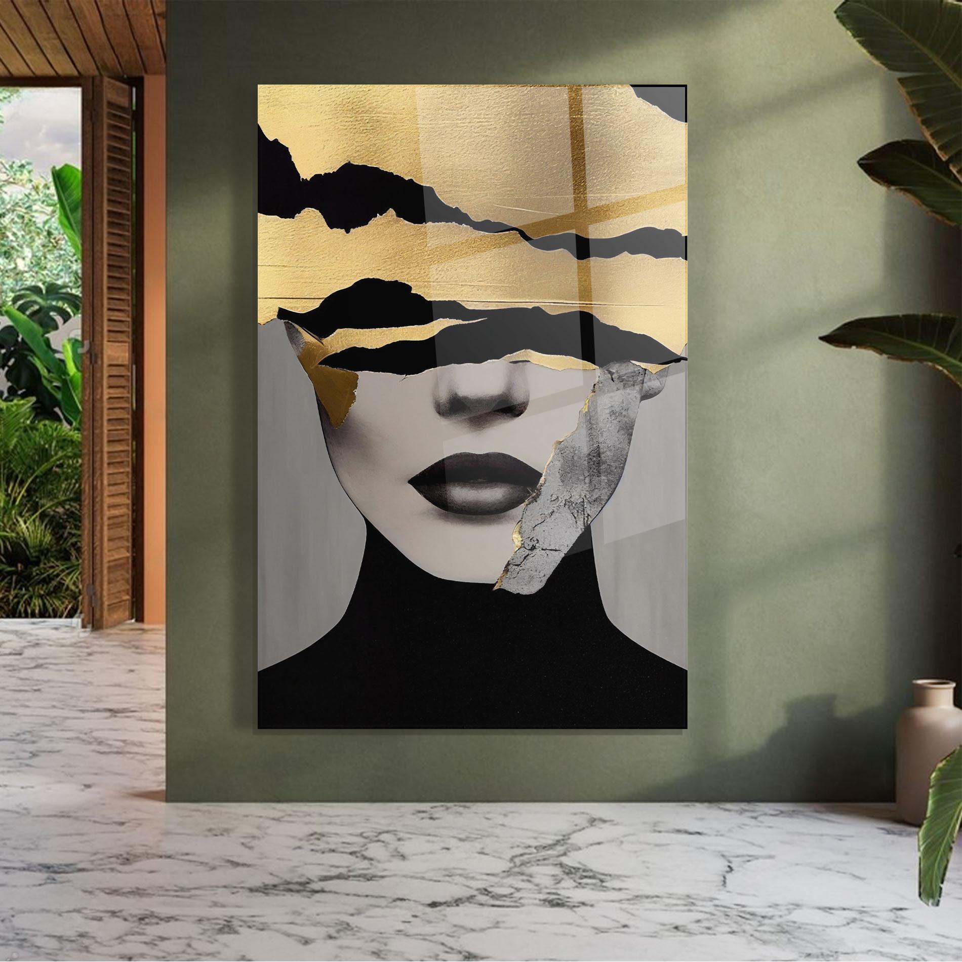 Tablou Sticla Grey Gold Lips mockup 7