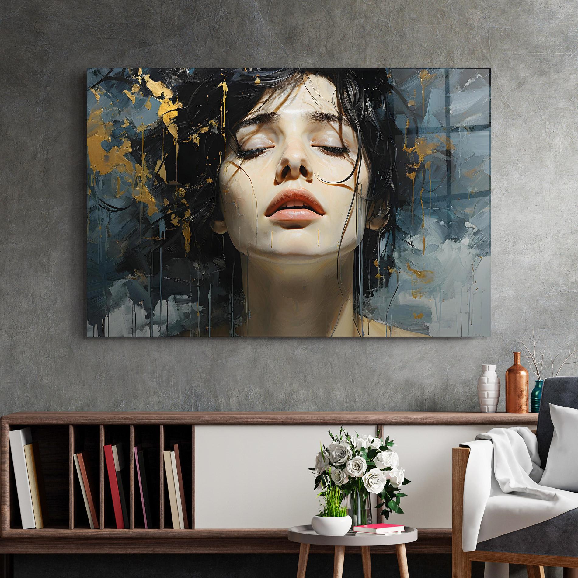 Tablou Sticla Closed Eyes Woman mockup 2