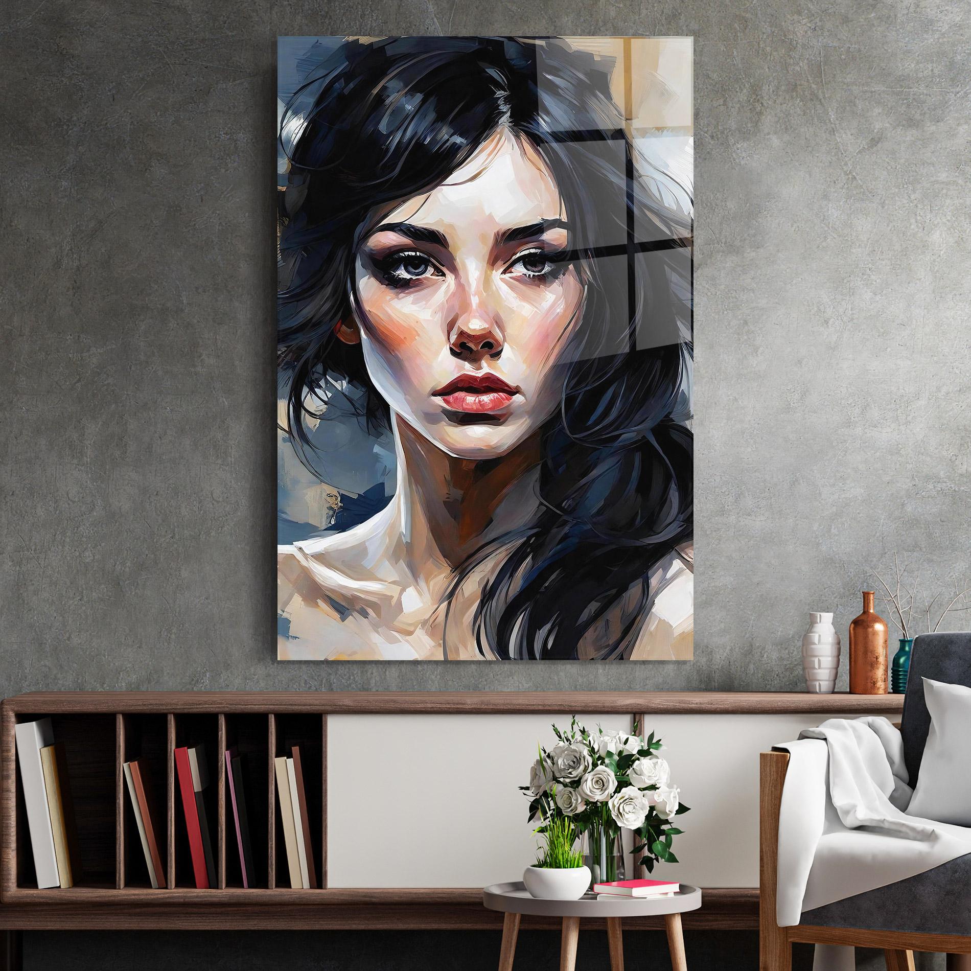 Tablou Sticla Long Black Hair Portrait mockup 2