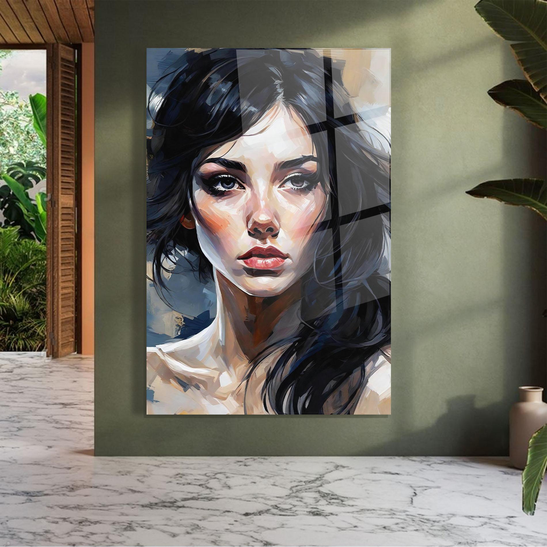 Tablou Sticla Long Black Hair Portrait mockup 7
