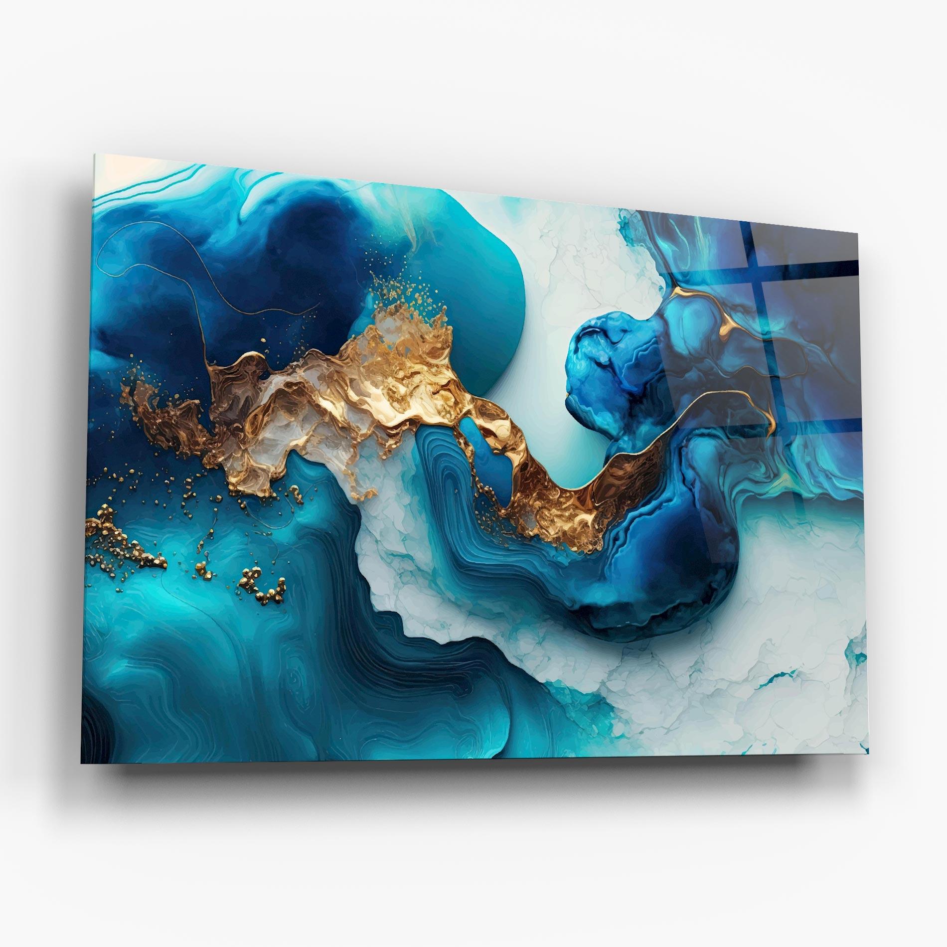 Tablou Sticla Gold Blue Art Wave mockup 6