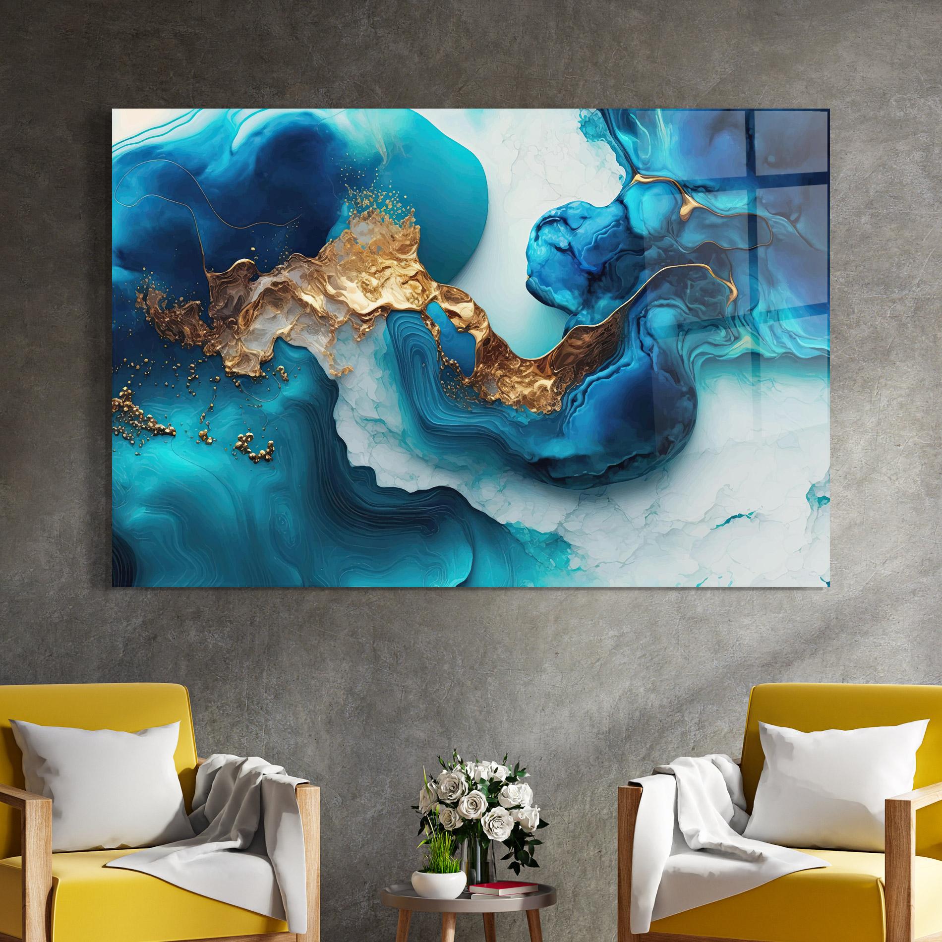 Tablou Sticla Gold Blue Art Wave mockup 4