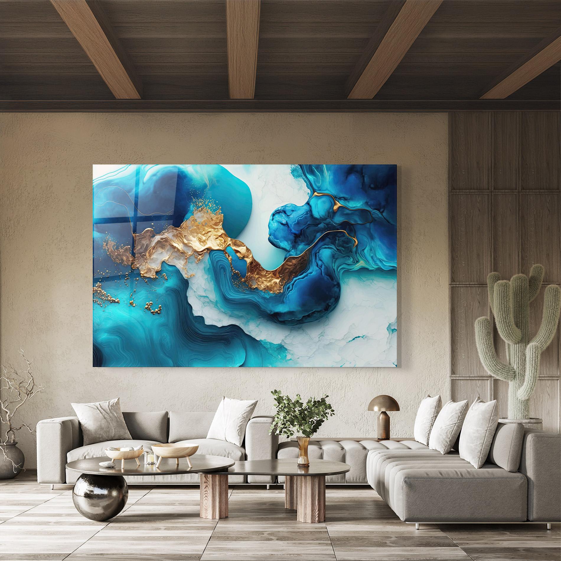 Tablou Sticla Gold Blue Art Wave mockup 8