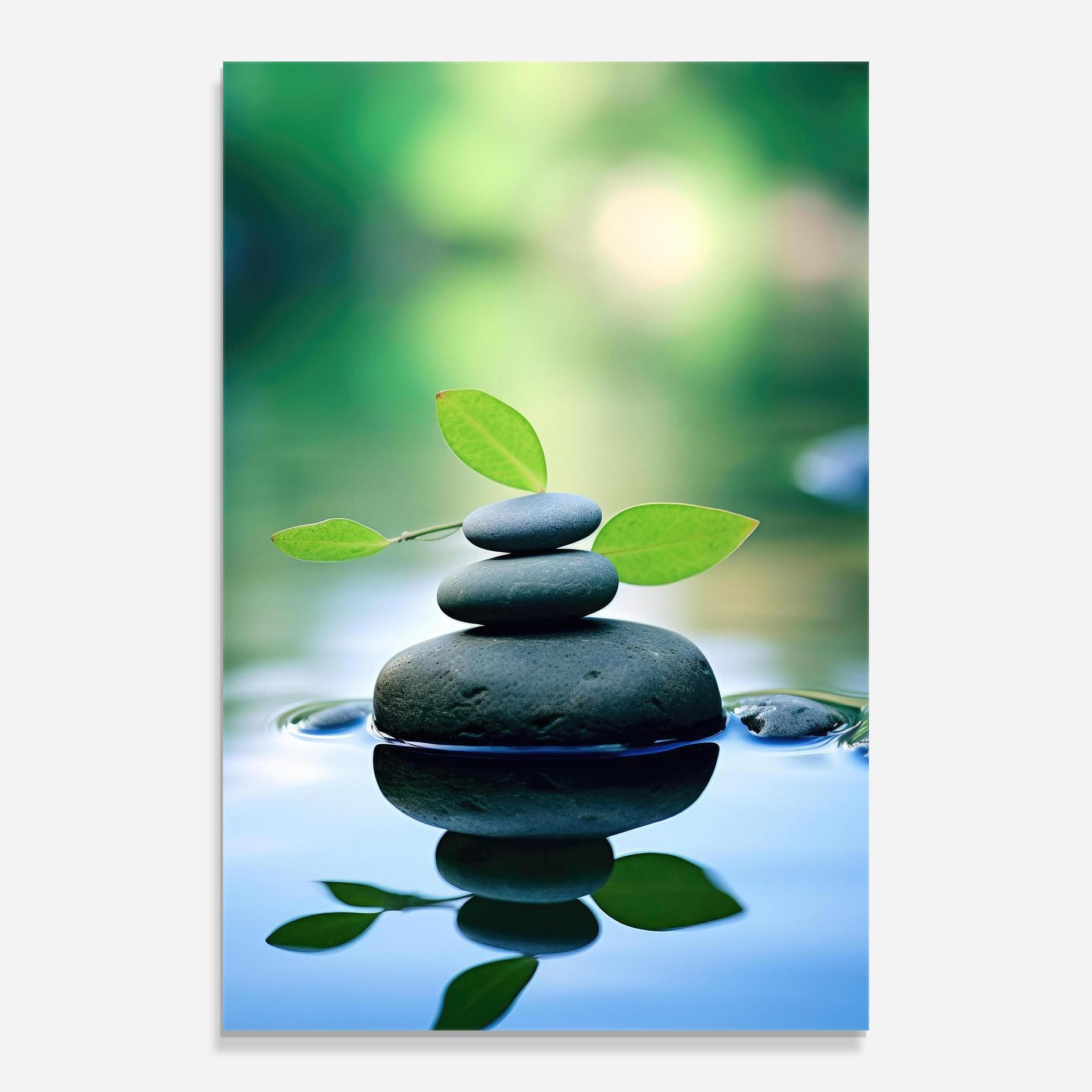 Tablou Sticla Stones Green Leaves mockup 0