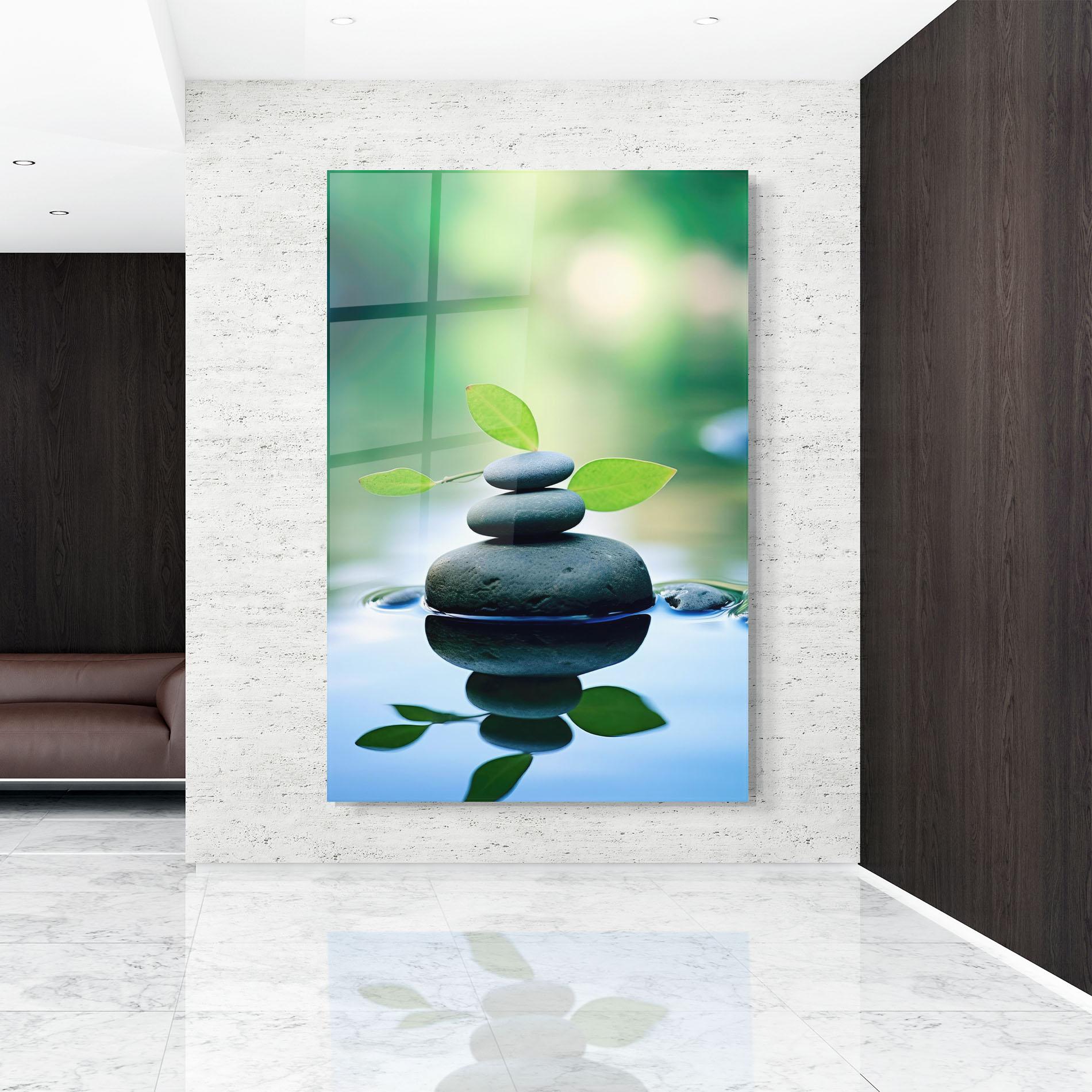 Tablou Sticla Stones Green Leaves mockup 9