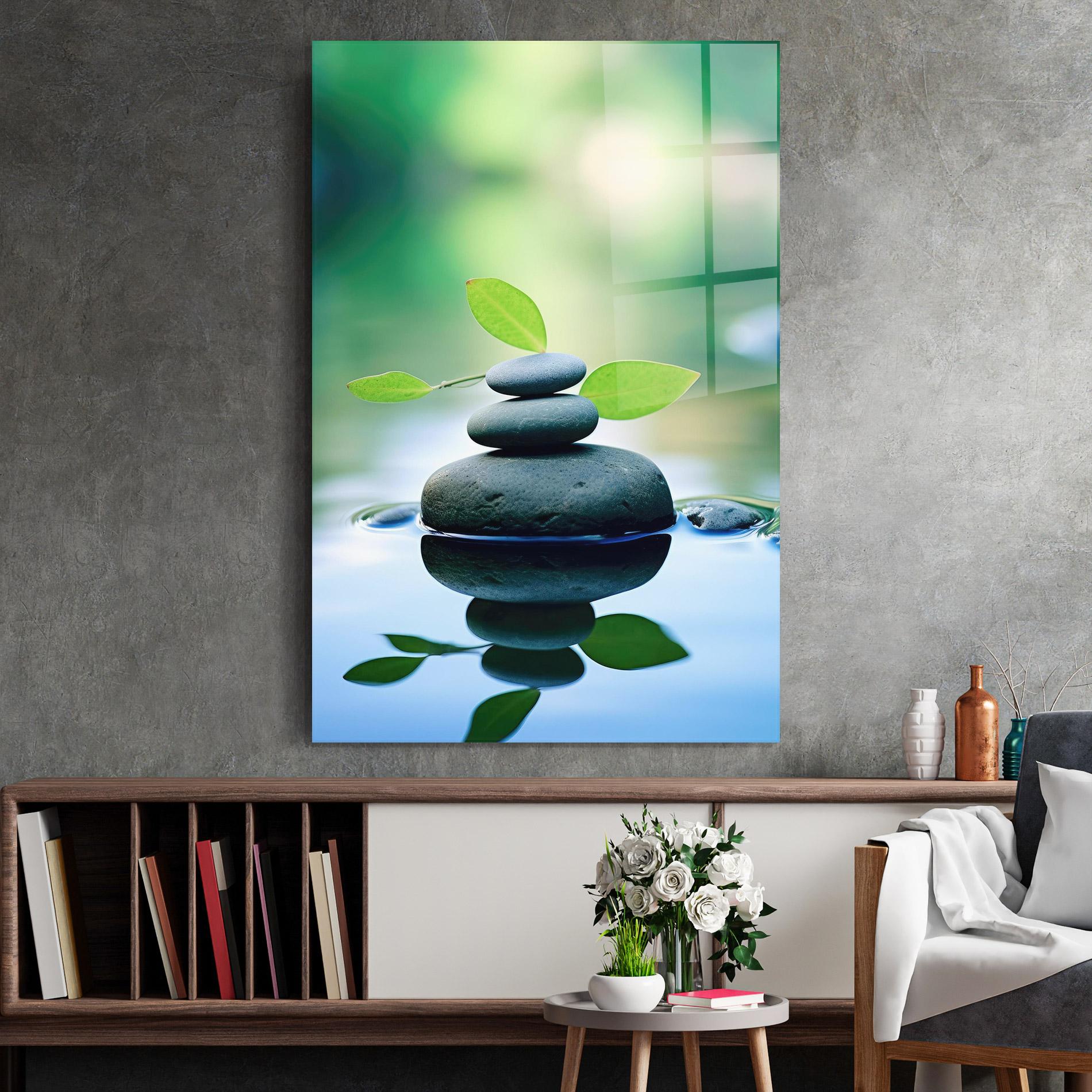 Tablou Sticla Stones Green Leaves mockup 2