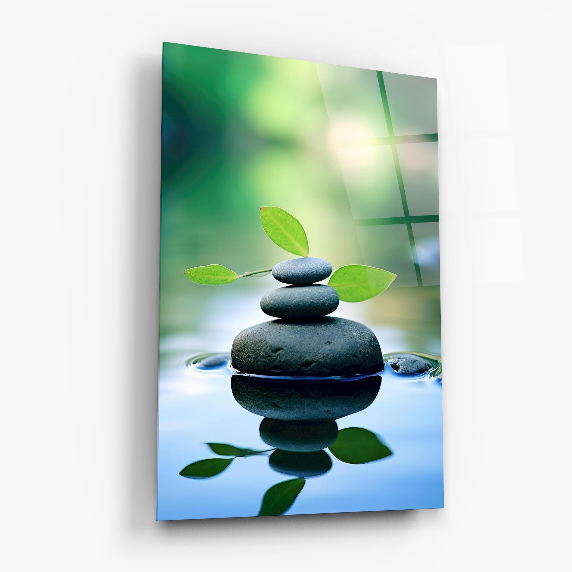 Tablou Sticla Stones Green Leaves mockup 6