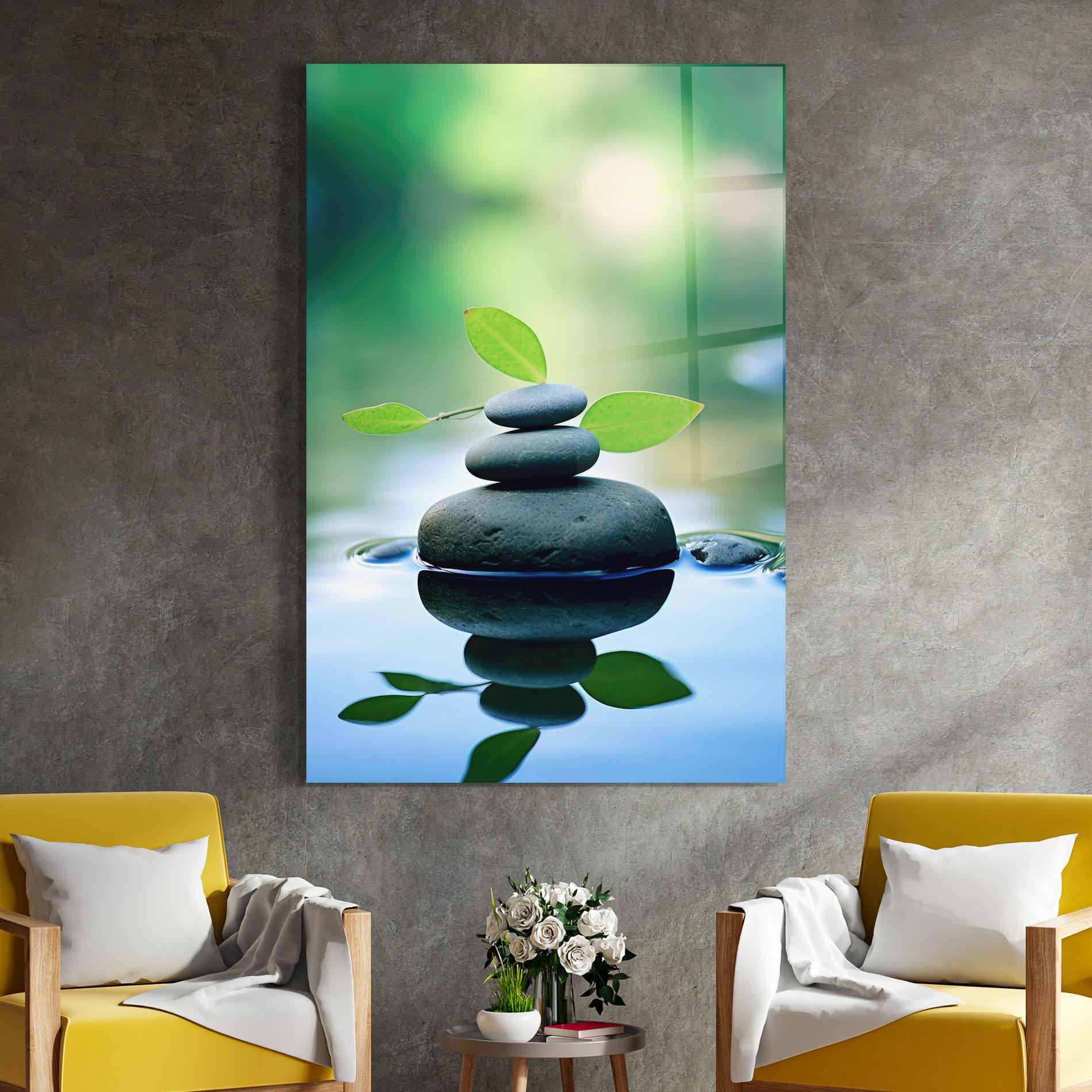 Tablou Sticla Stones Green Leaves mockup 4
