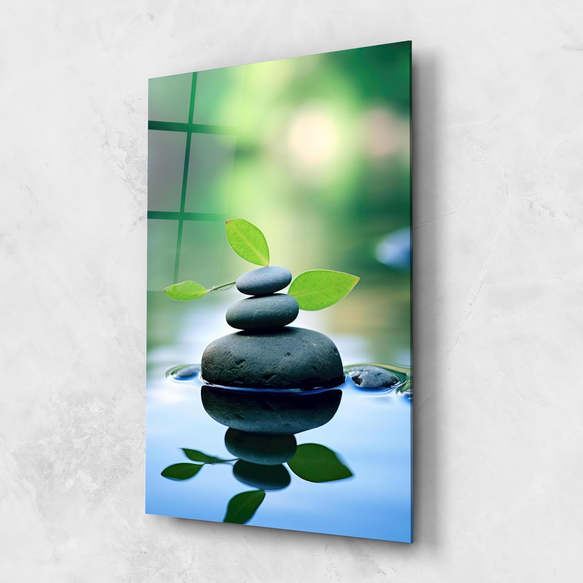 Tablou Sticla Stones Green Leaves mockup 1