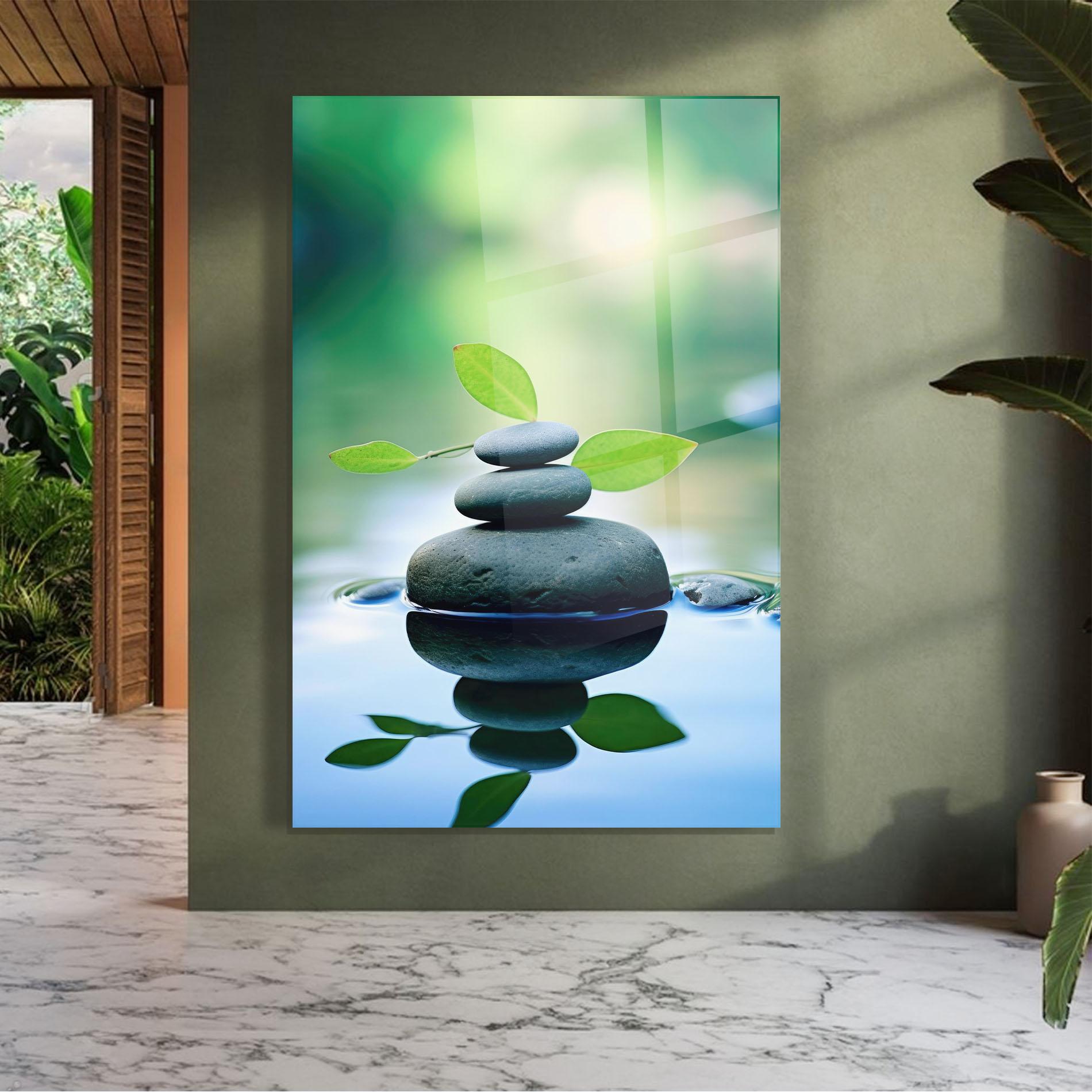 Tablou Sticla Stones Green Leaves mockup 7