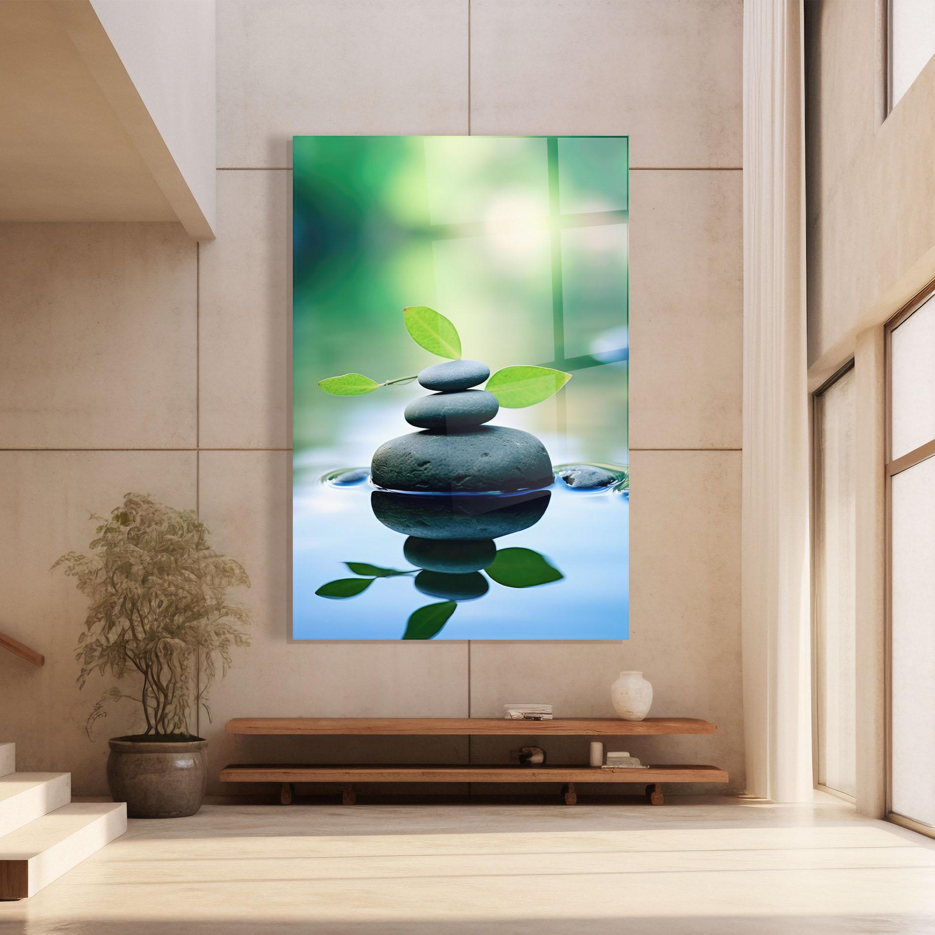 Tablou Sticla Stones Green Leaves mockup 8