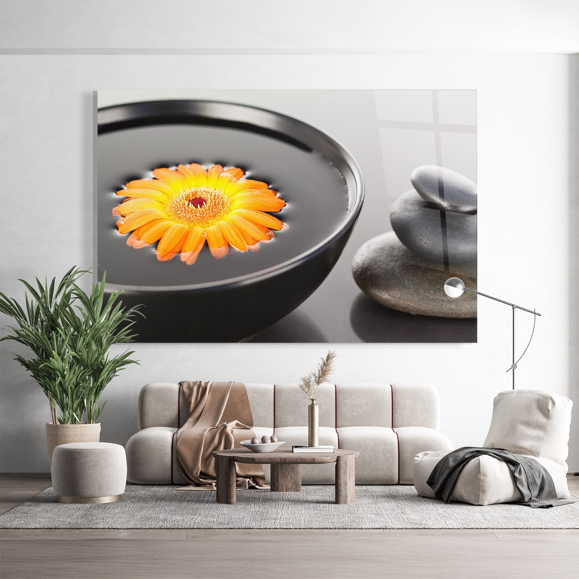 Tablou Sticla Orange Flower Stones mockup 9