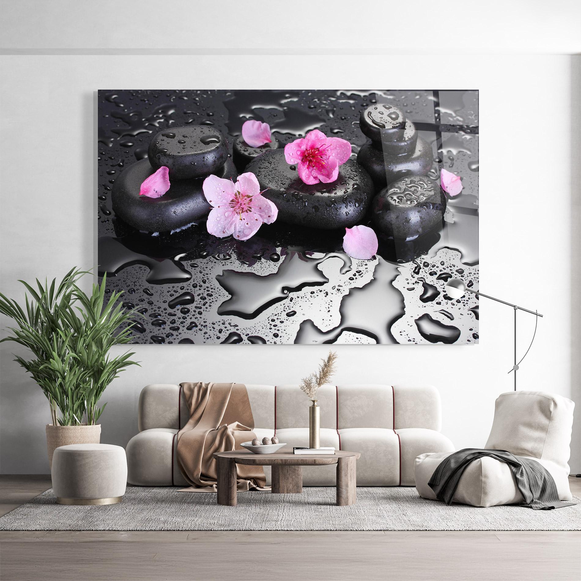 Tablou Sticla Pink Flowers Stones mockup 9