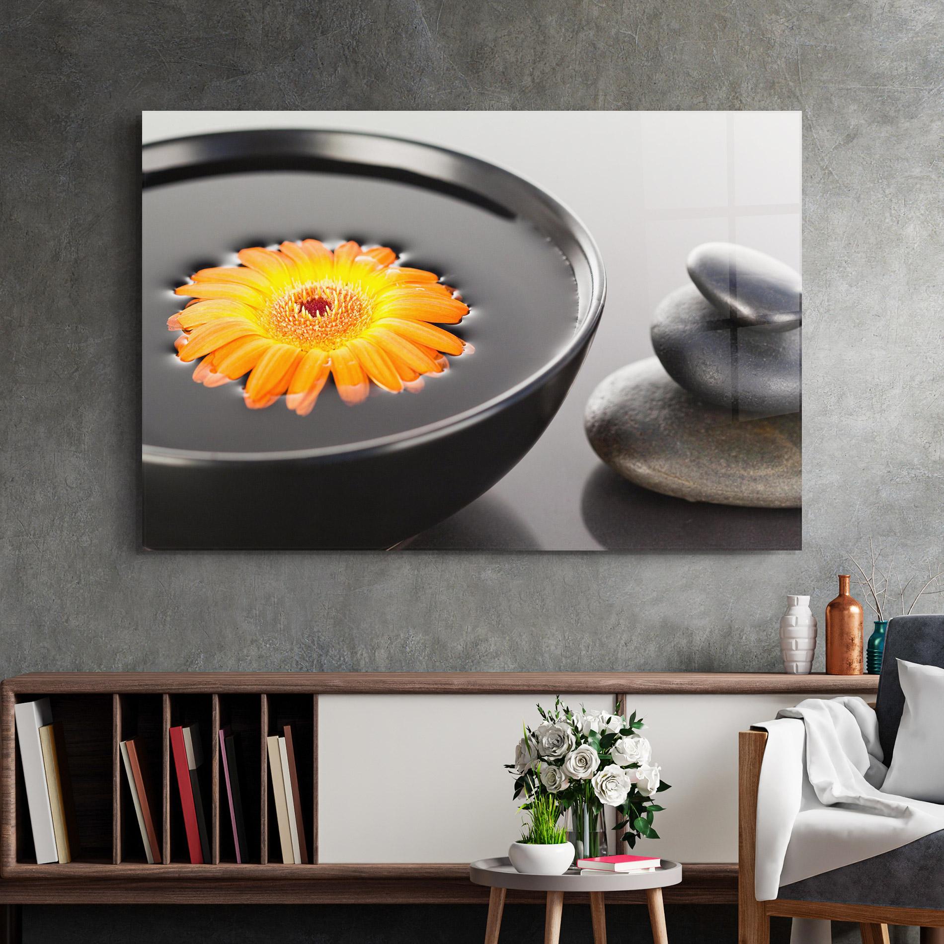 Tablou Sticla Orange Flower Stones mockup 2