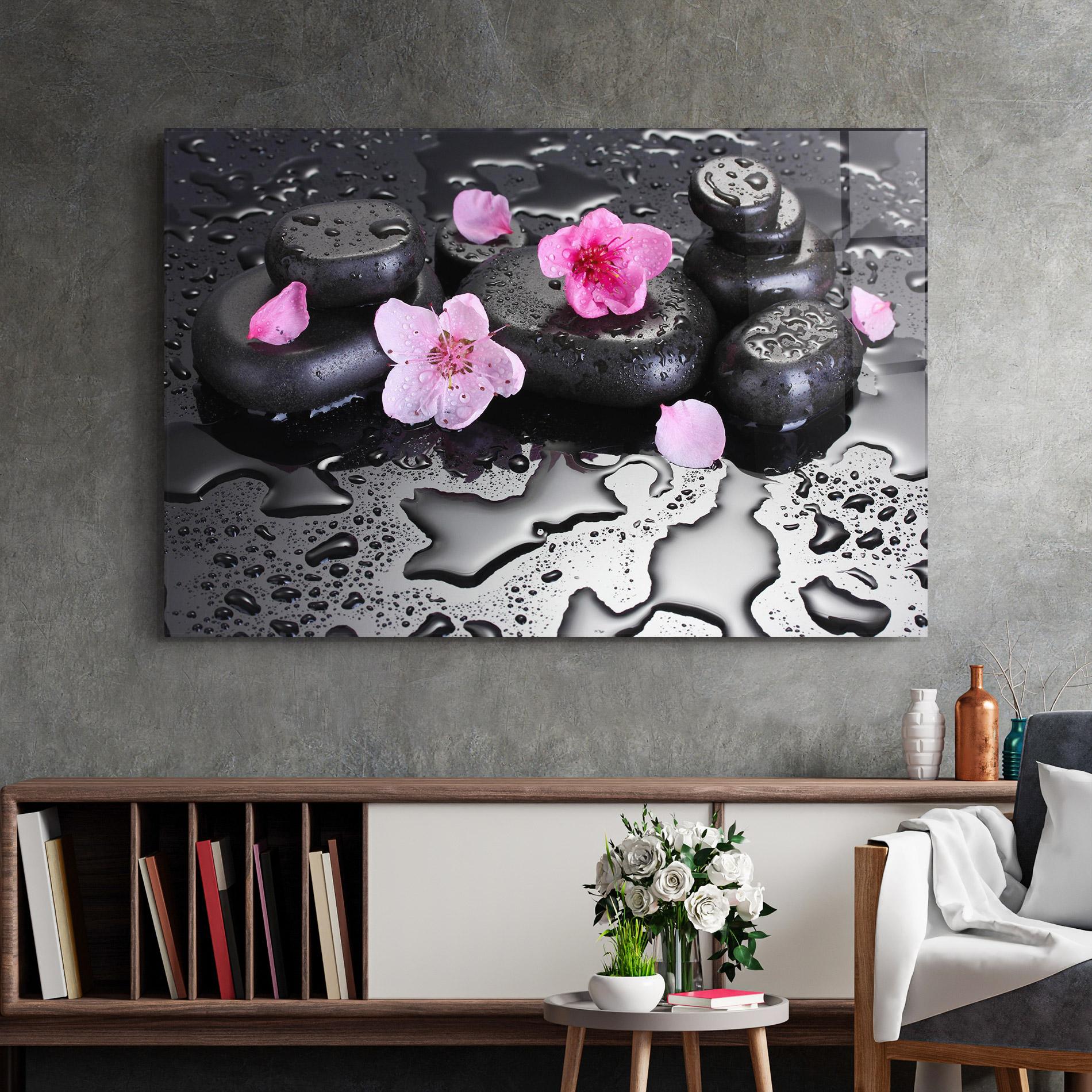 Tablou Sticla Pink Flowers Stones mockup 2