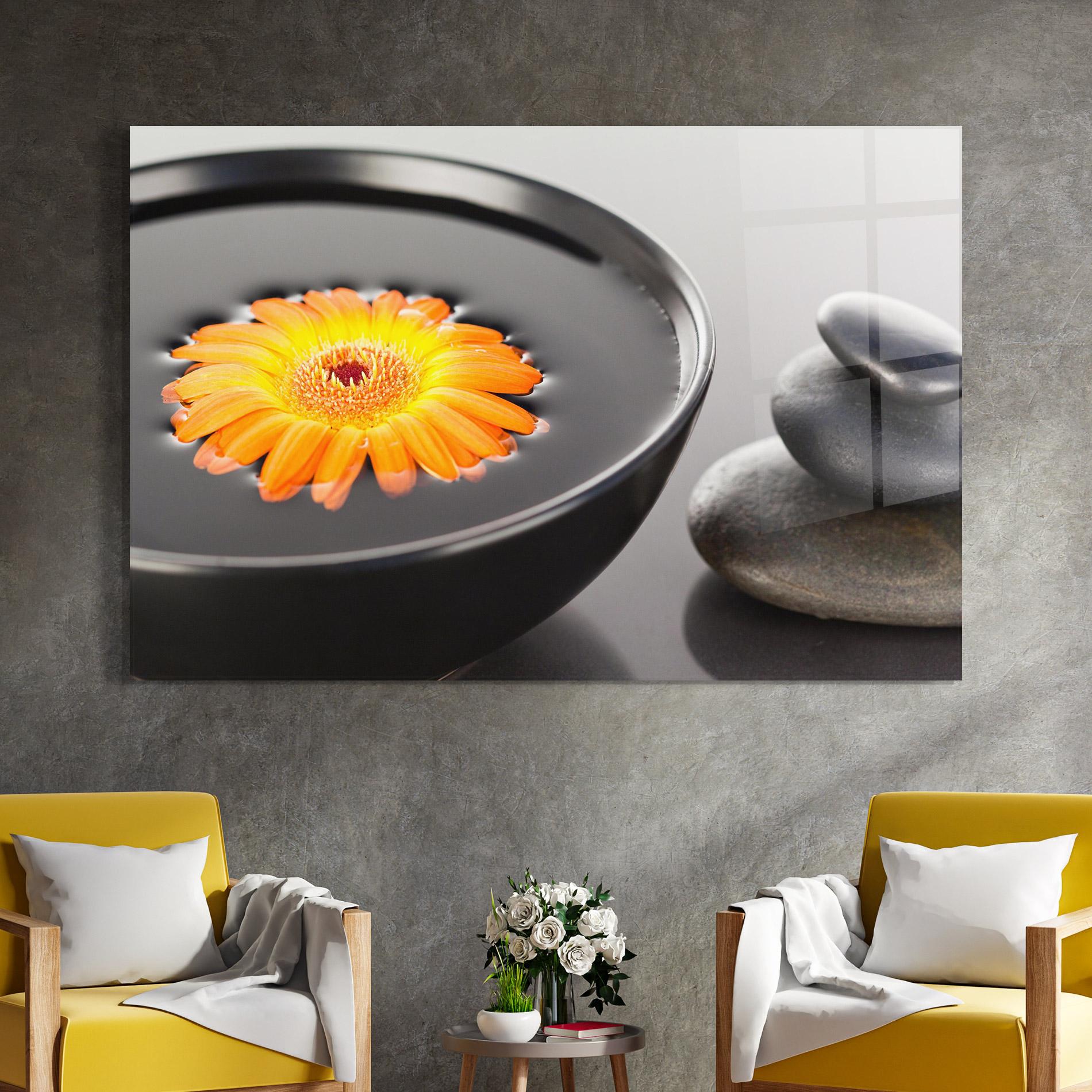 Tablou Sticla Orange Flower Stones mockup 4
