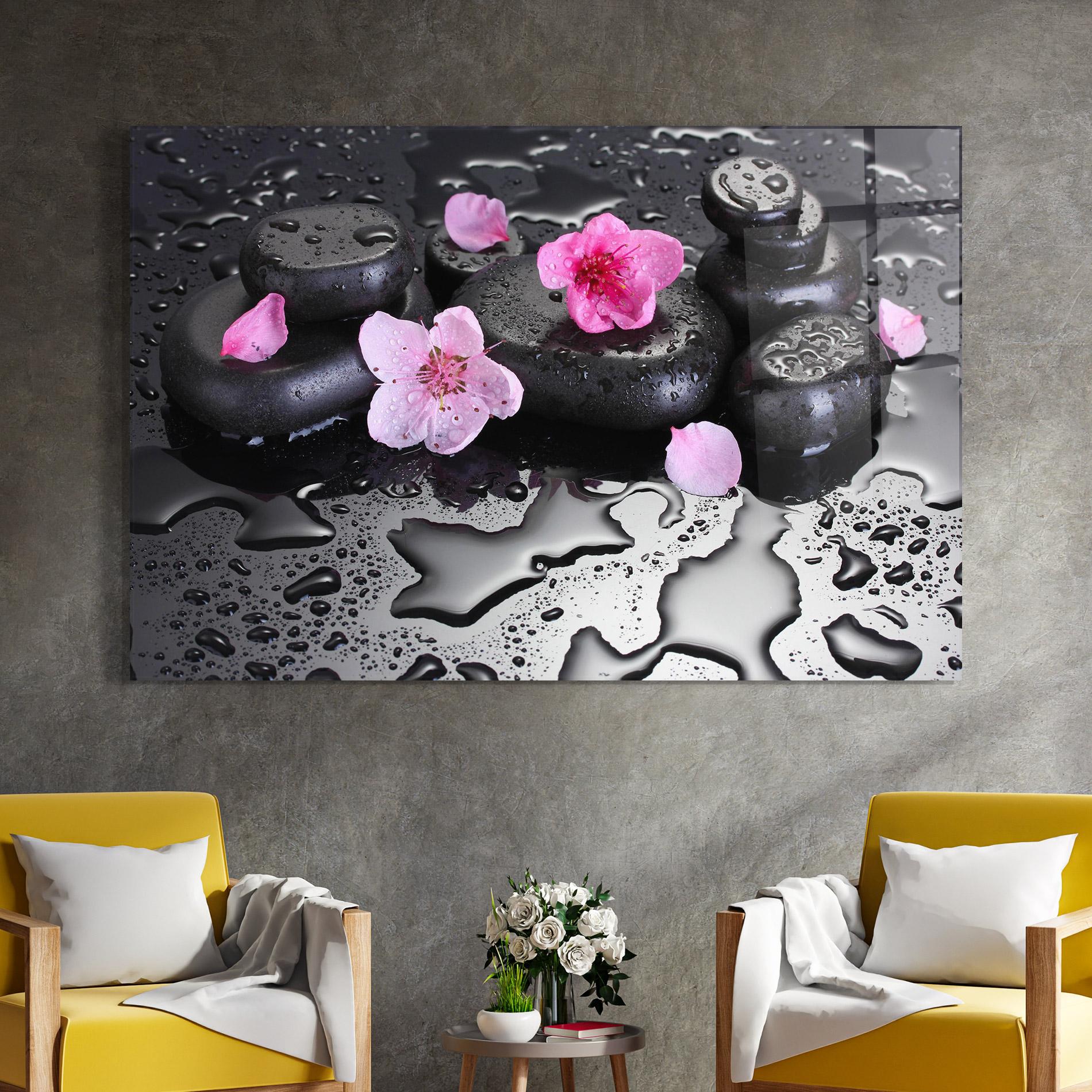 Tablou Sticla Pink Flowers Stones mockup 4