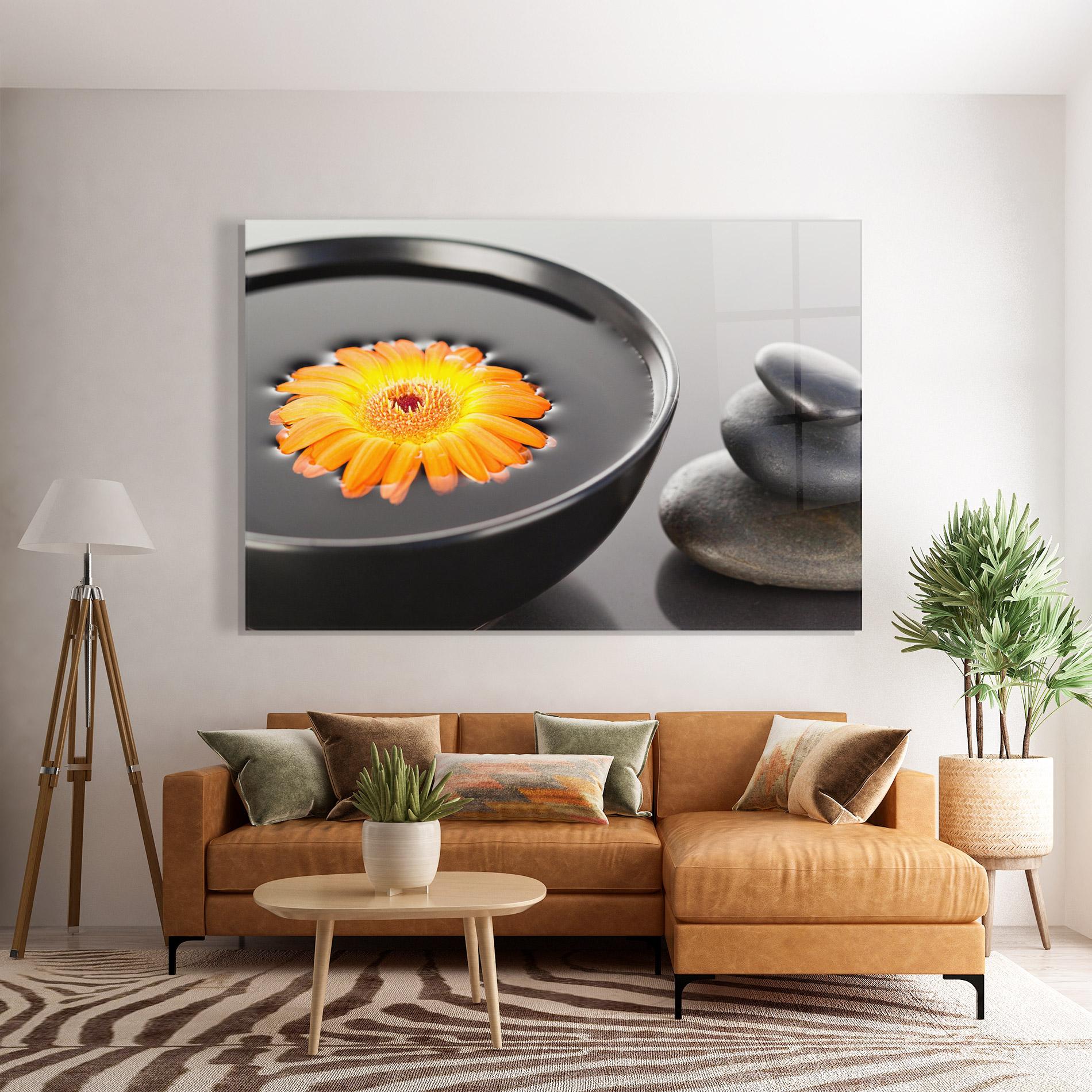 Tablou Sticla Orange Flower Stones mockup 7